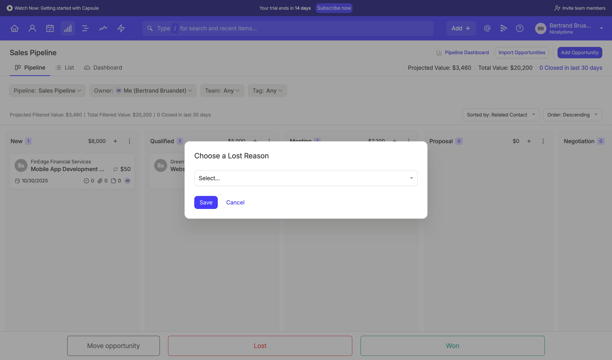 Capsule - Pipeline | Nicelydone CRM screen