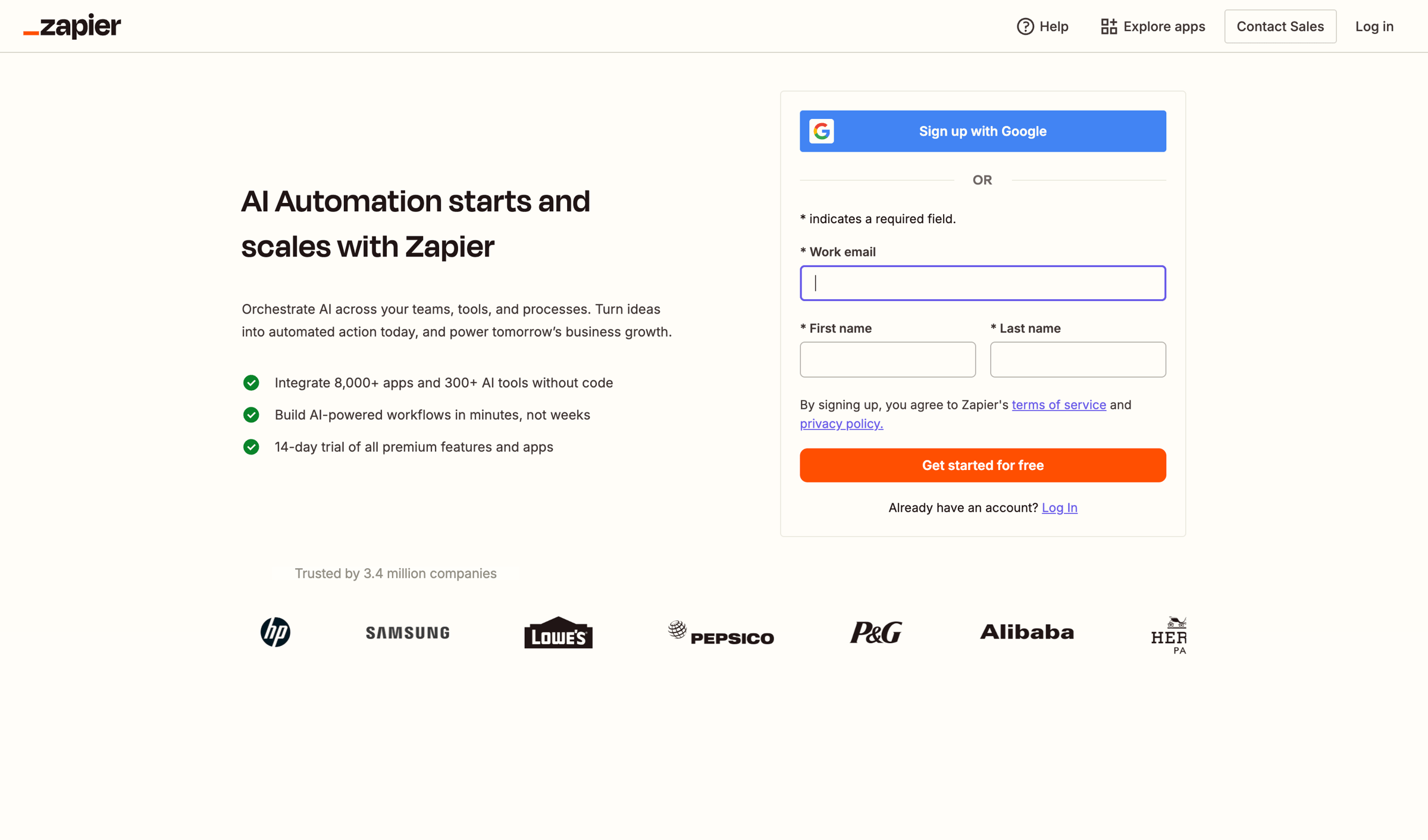 Zapier - Sign up | Zapier screen