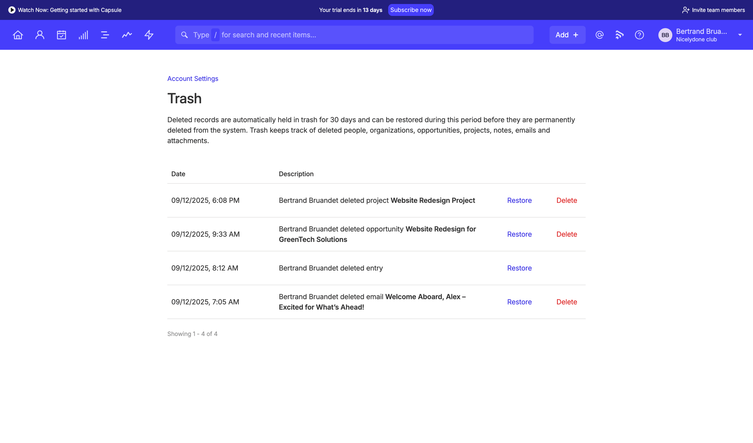 Capsule - Trash | Nicelydone club CRM screen