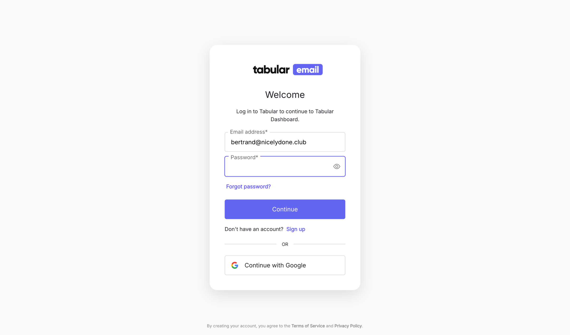 Tabular - Log in | Tabular Dashboard screen