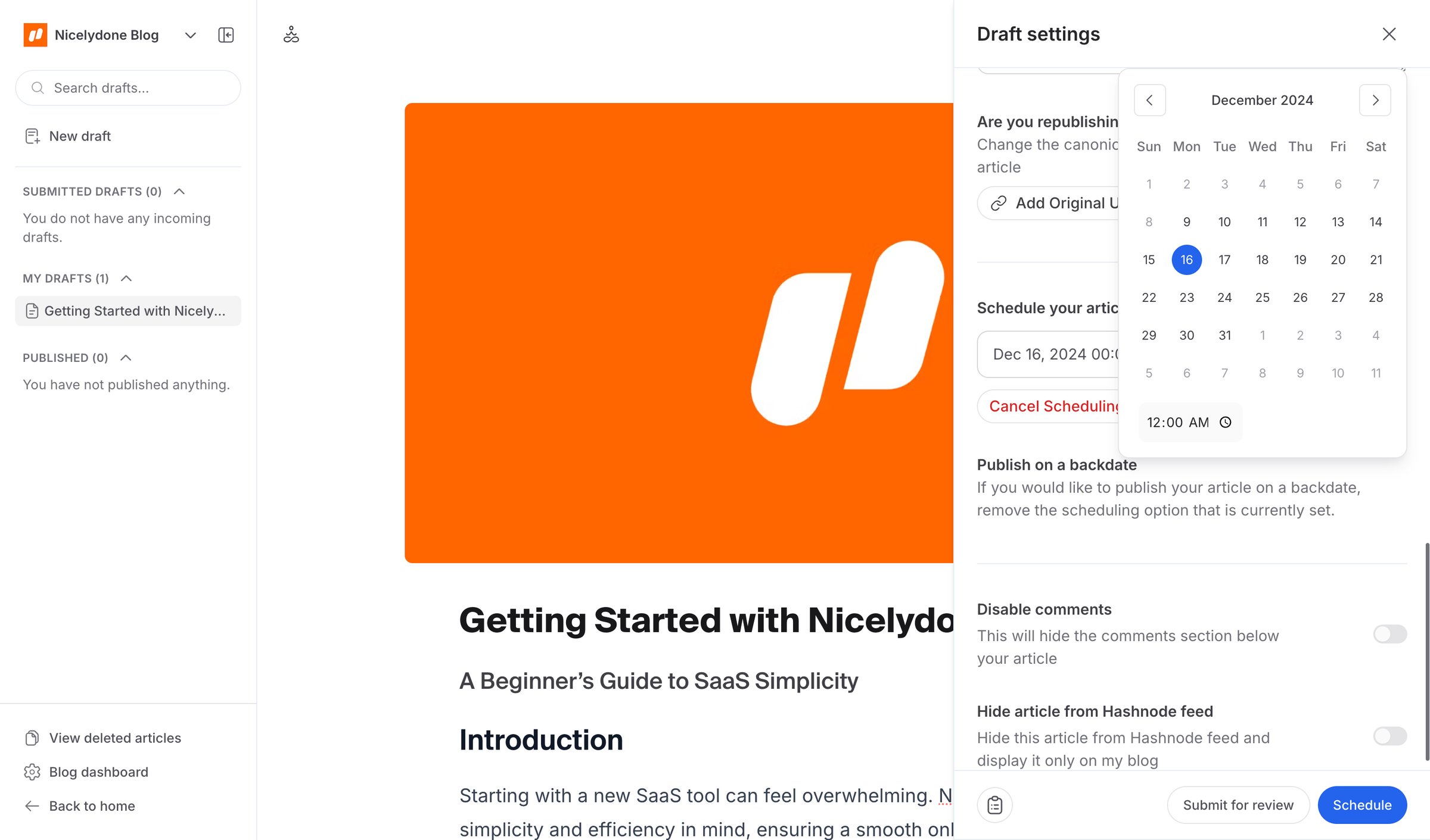Hashnode - Editing Getting Started with Nicelydone screen