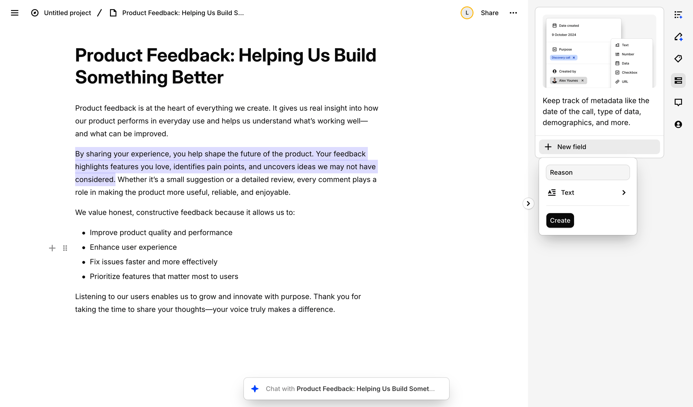 Dovetail - Product Feedback: Helping Us Build Something Better – Dovetail screen