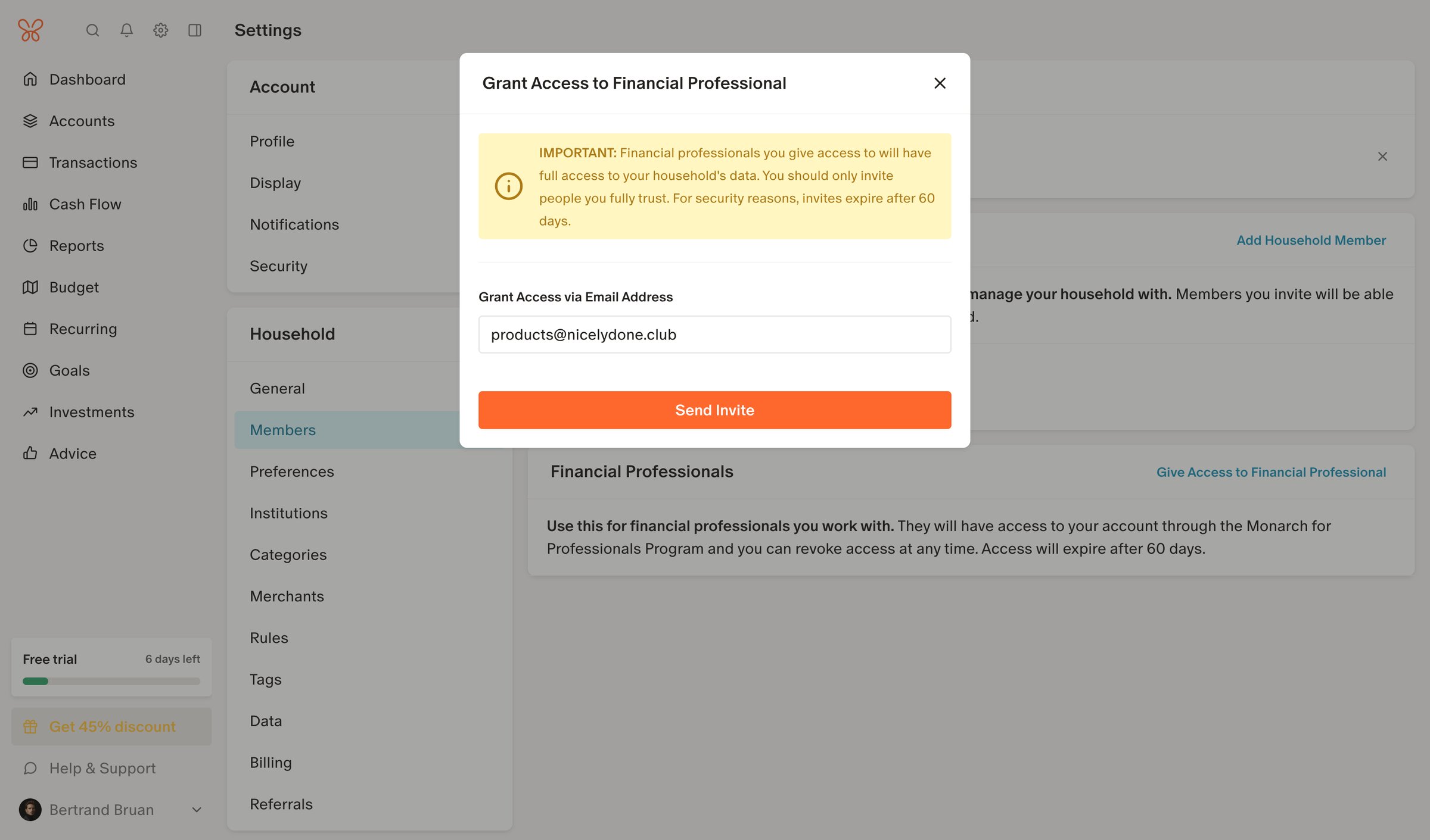 Monarch - Member Settings screen
