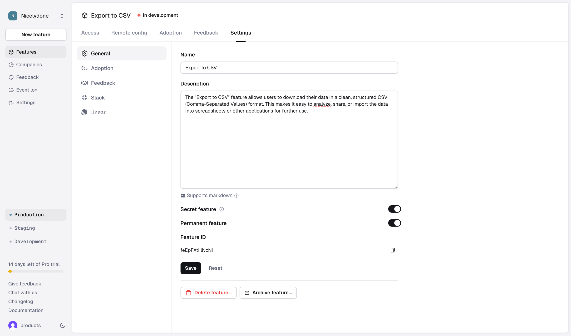 Reflag - Feature › Export to CSV › Feature Settings › General screen