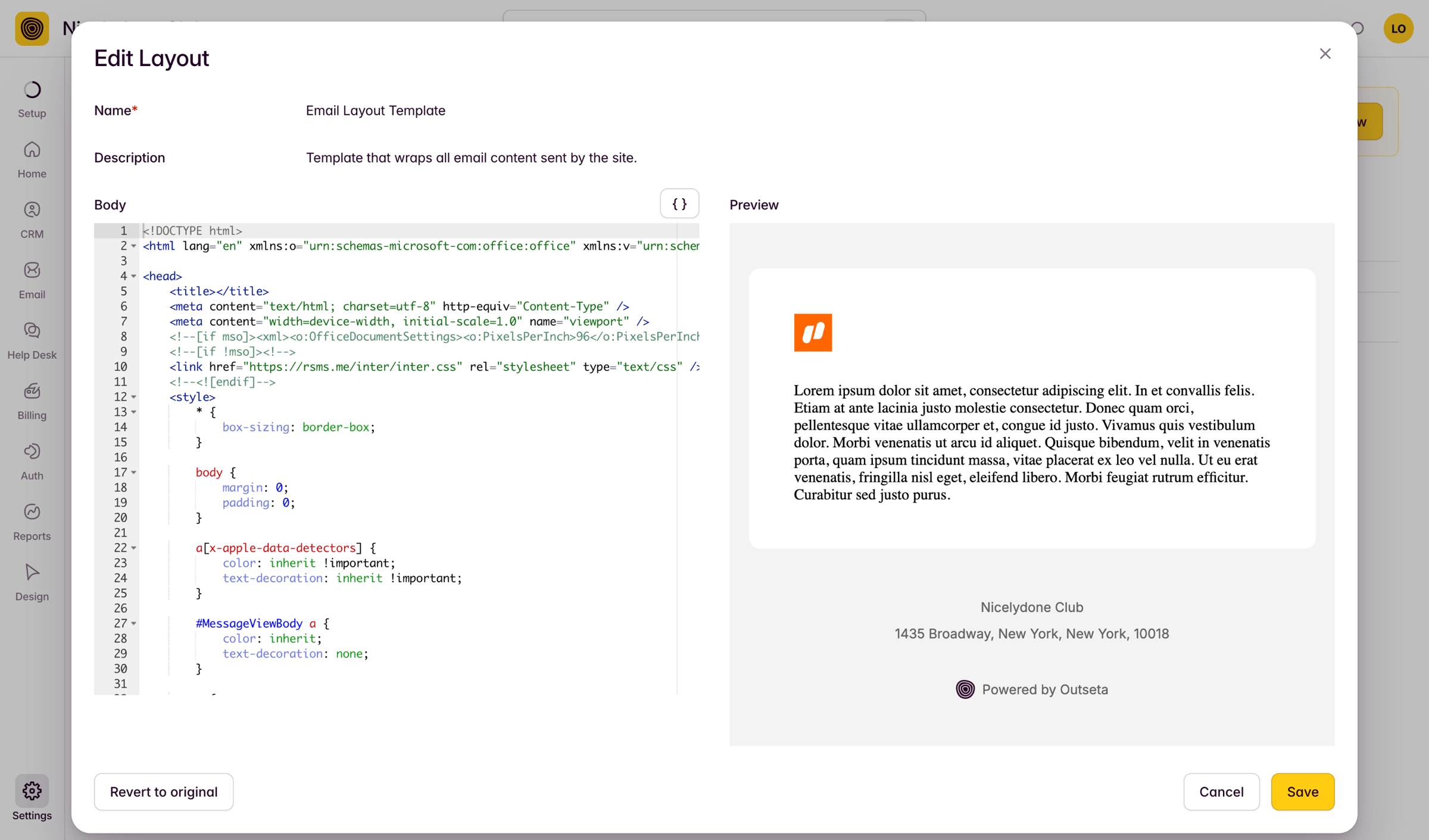 Outseta - Edit Template: Email Layout Template screen