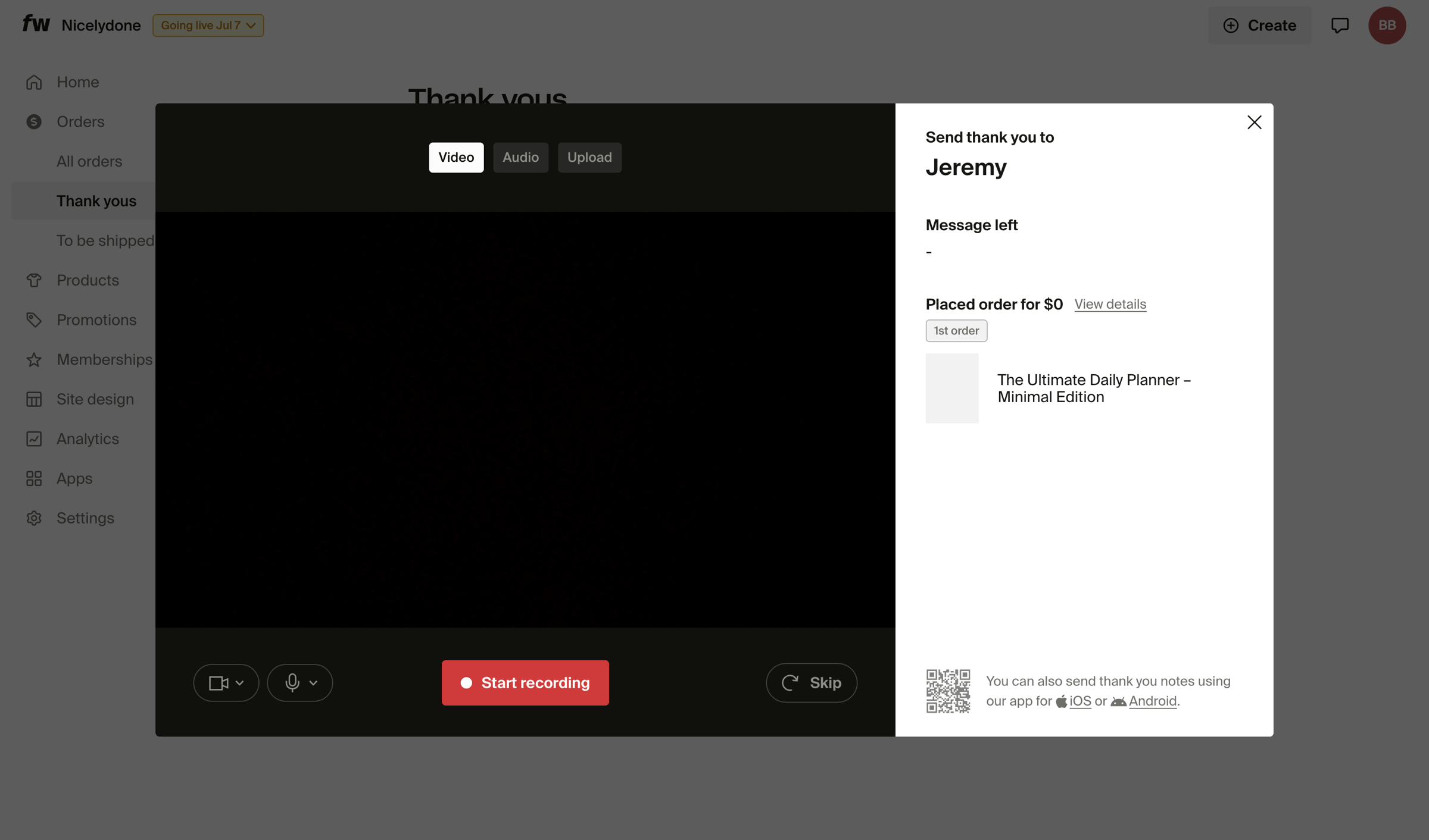 Fourthwall - Thank yous – Dashboard screen