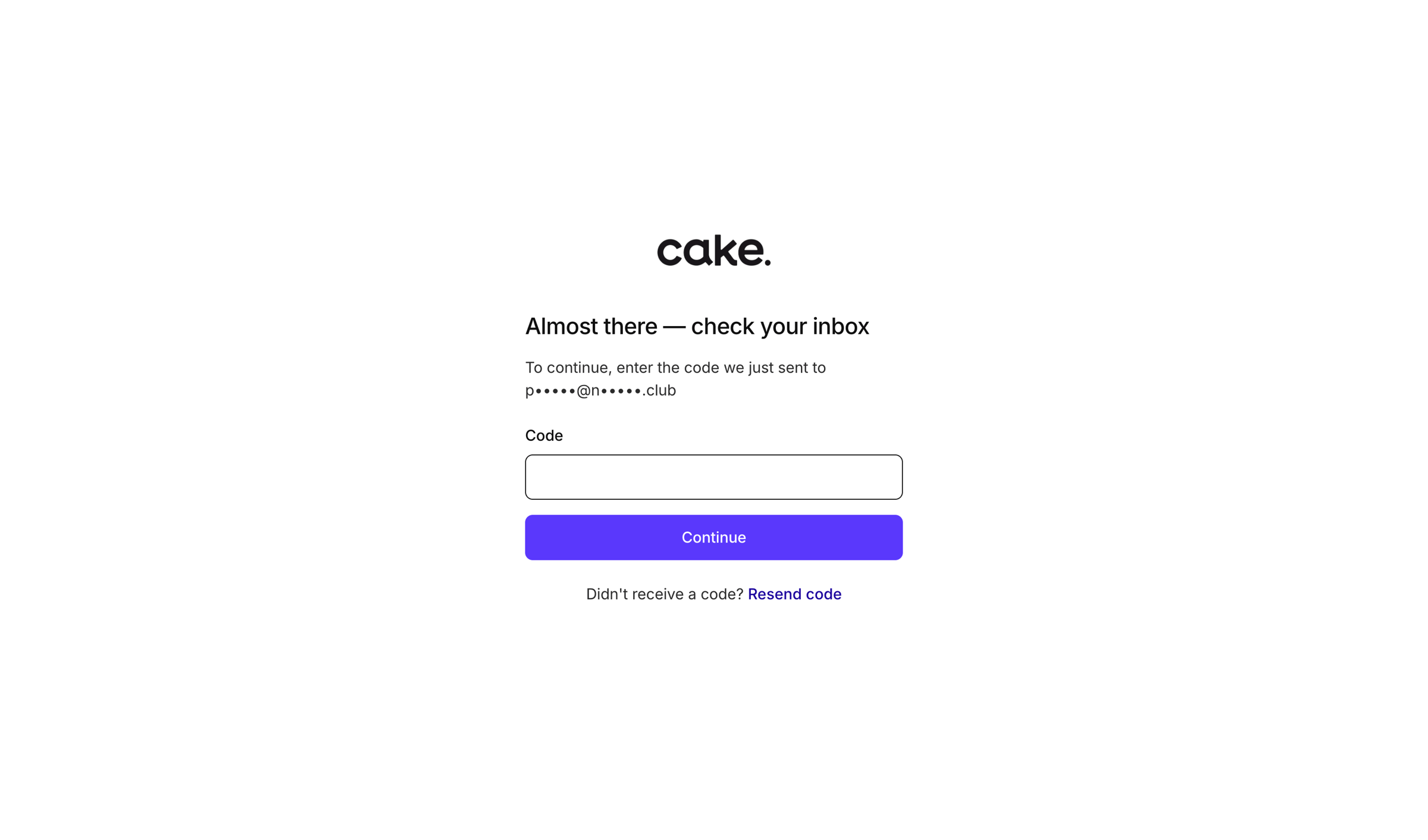 Cake - Confirm code | Cake Equity screen