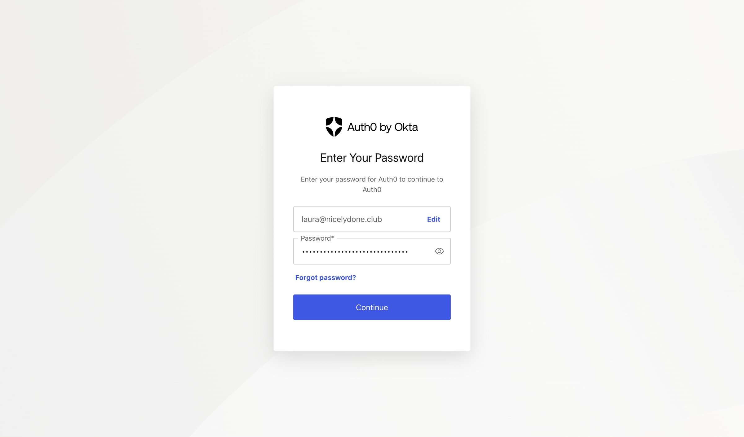 Auth0 - Enter your password to log in | Auth0 screen