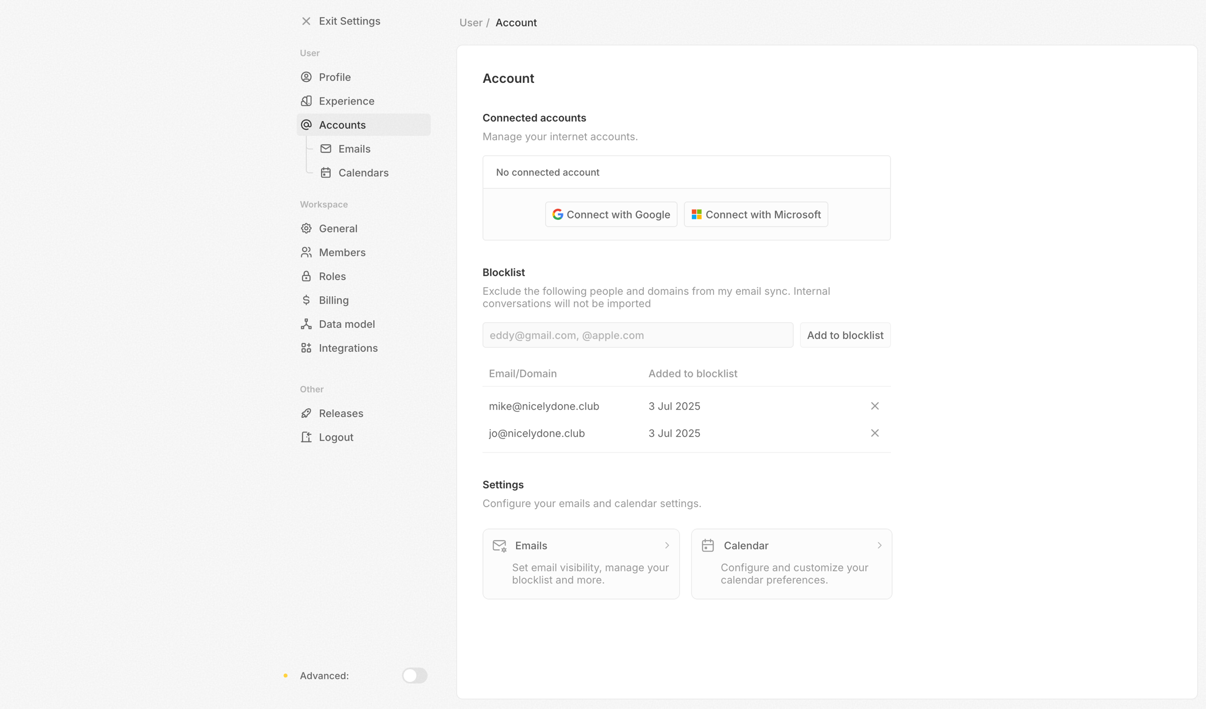 Twenty - Account - Settings screen