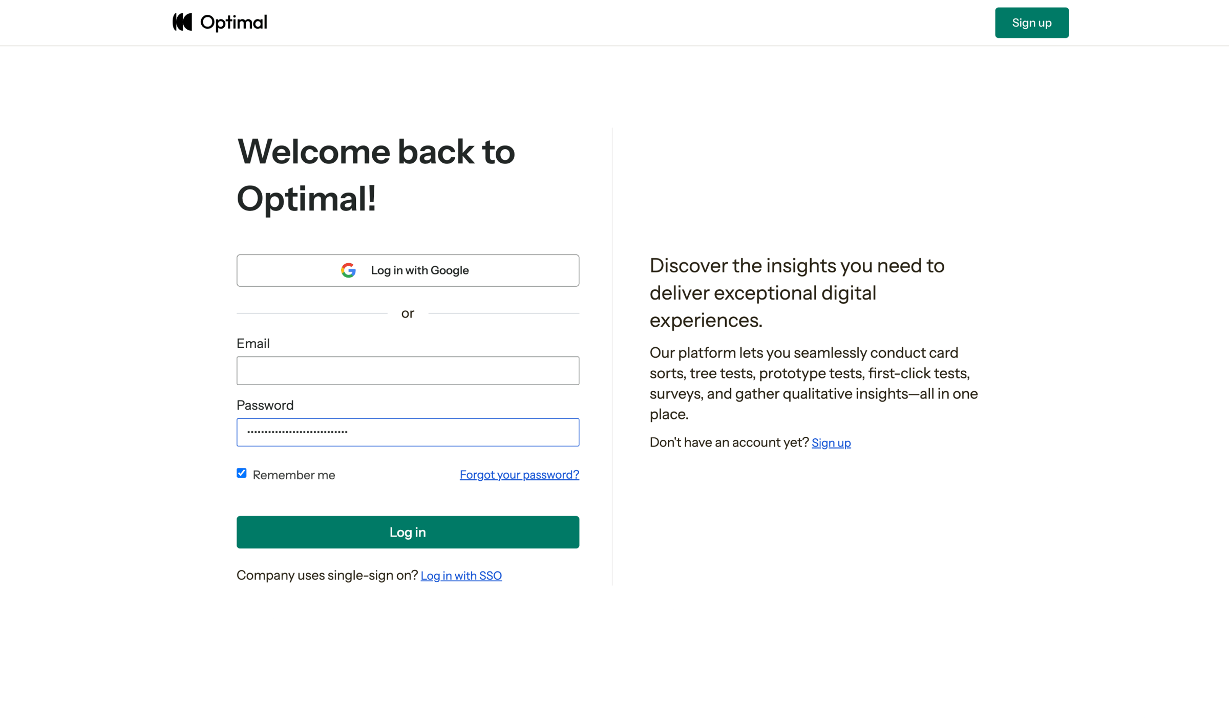 Optimal - Log In | Optimal Workshop screen