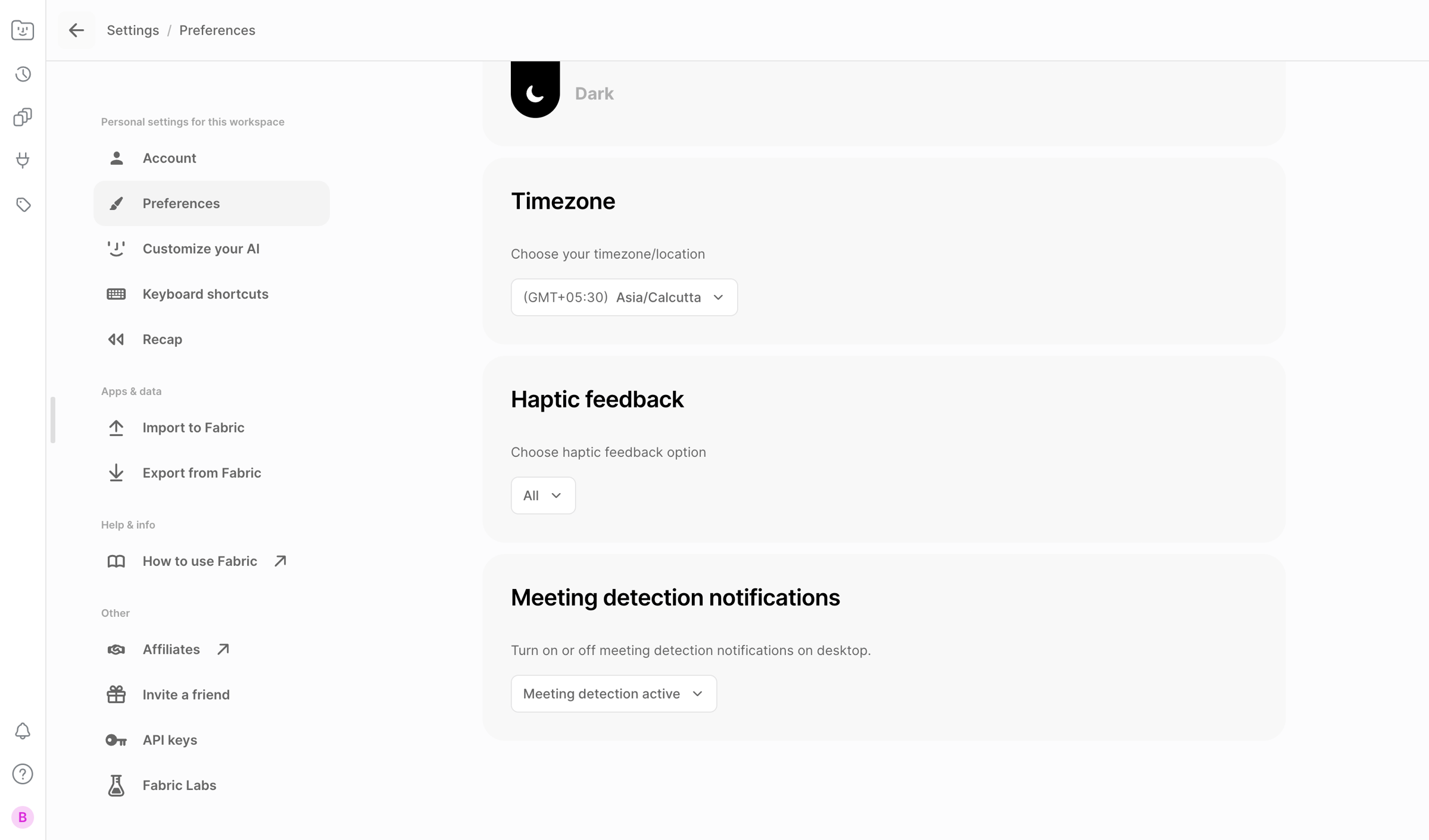 Fabric - Fabric | Preferences screen