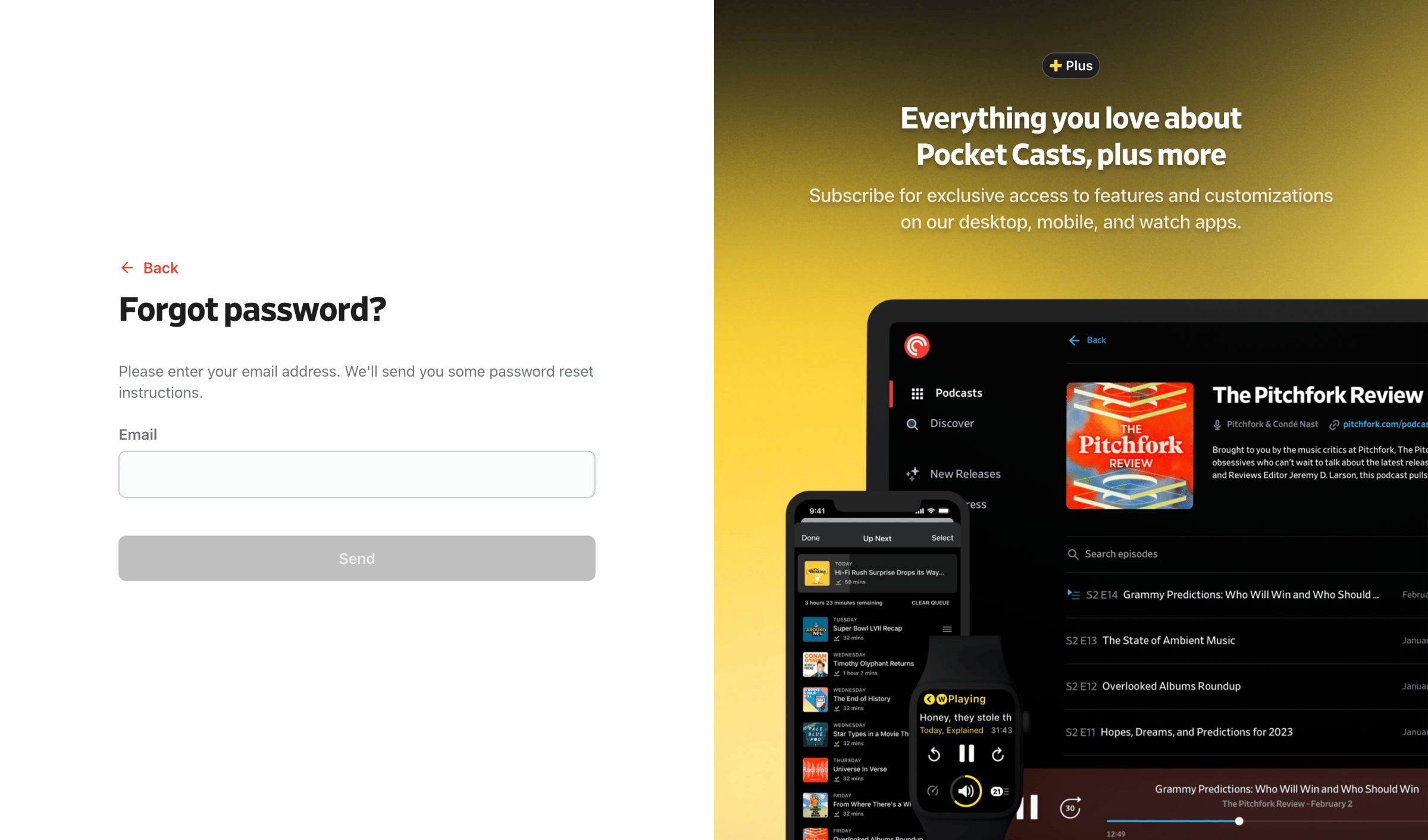 Pocket Casts - Forgot Your Password? - Pocket Casts screen
