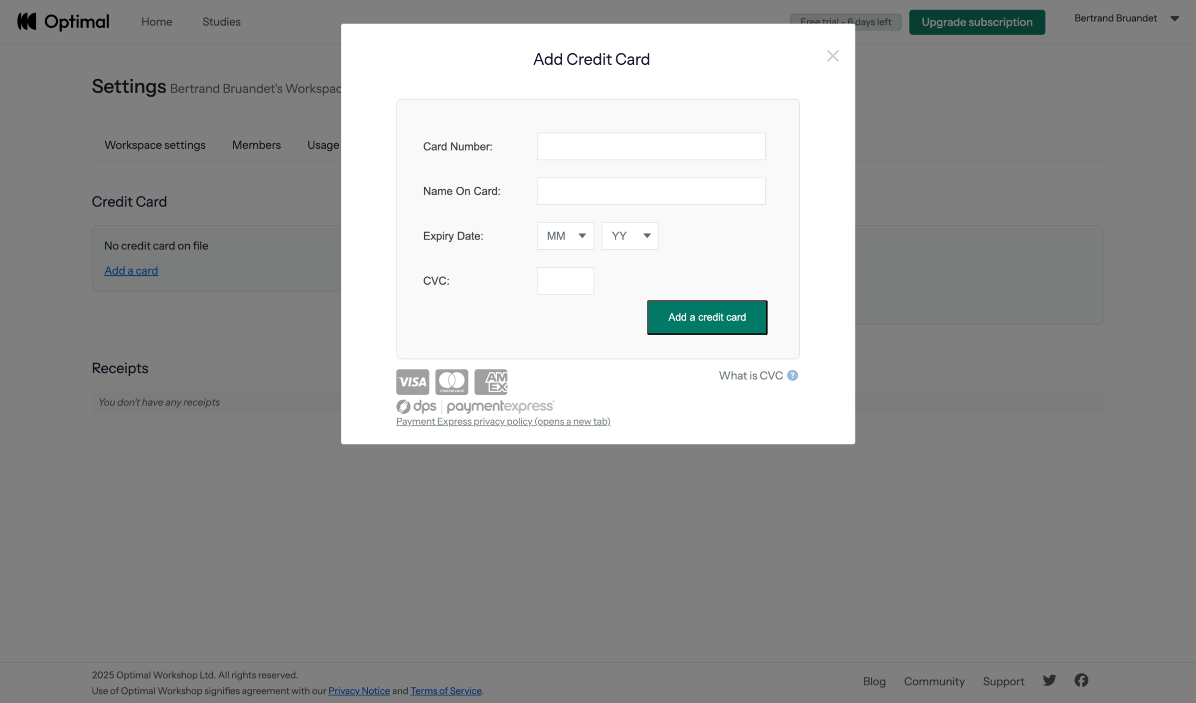Optimal - My account | Optimal Workshop screen