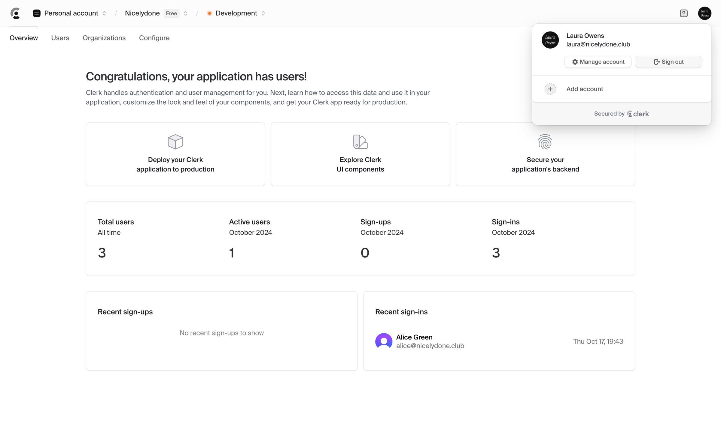 Clerk - Dashboard | Clerk.com screen