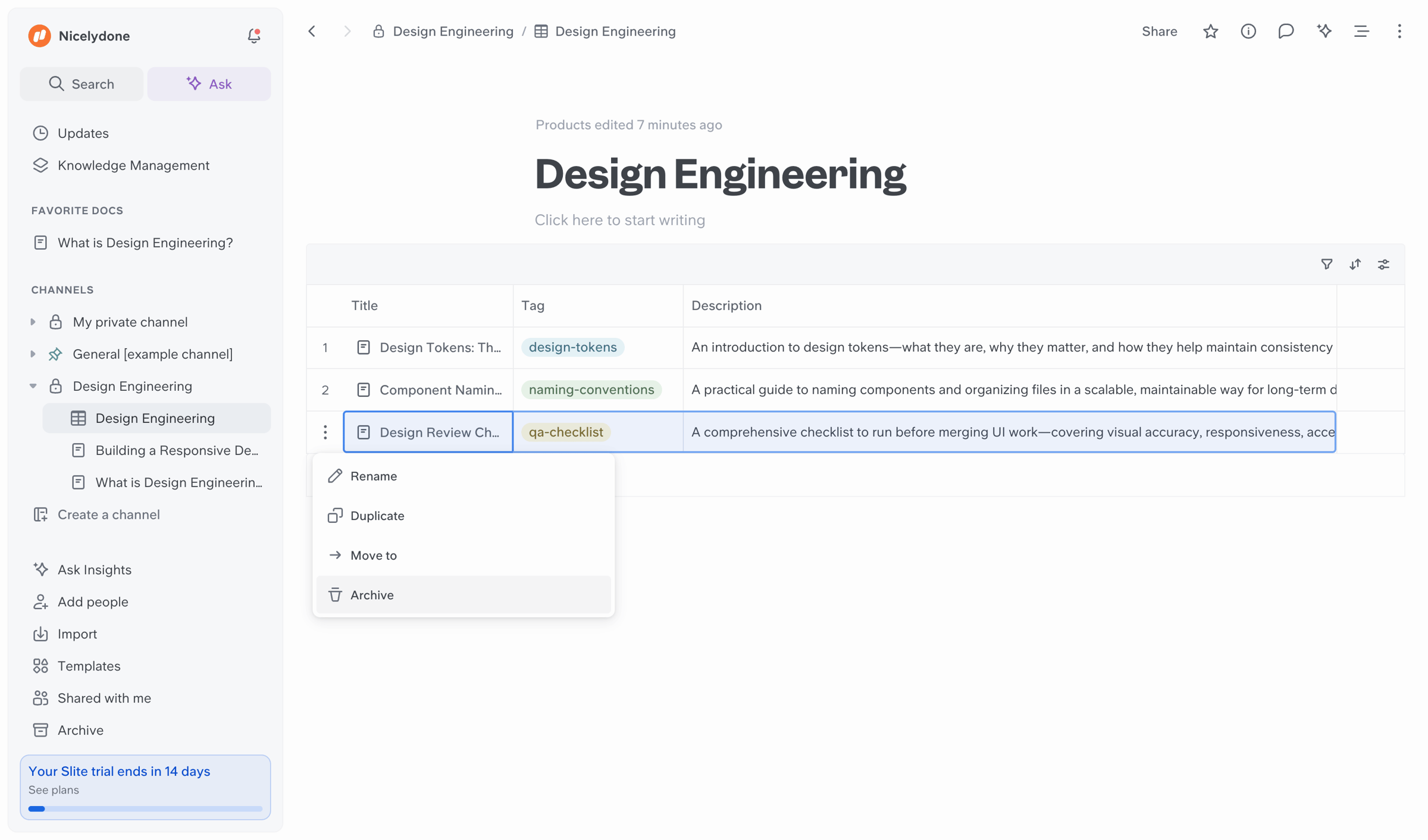 Slite - Design Engineering screen