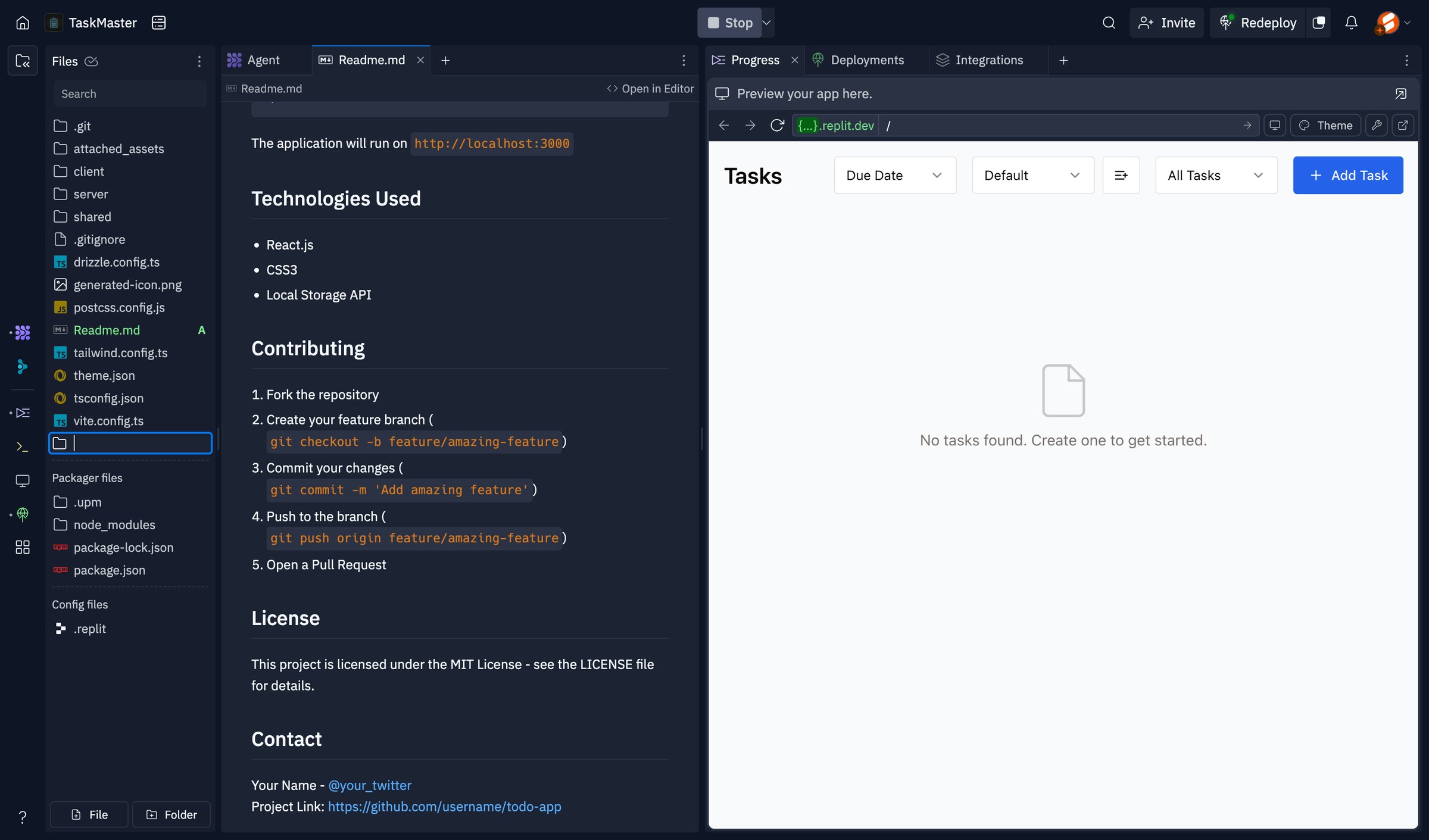 Replit - TaskMaster - Replit screen