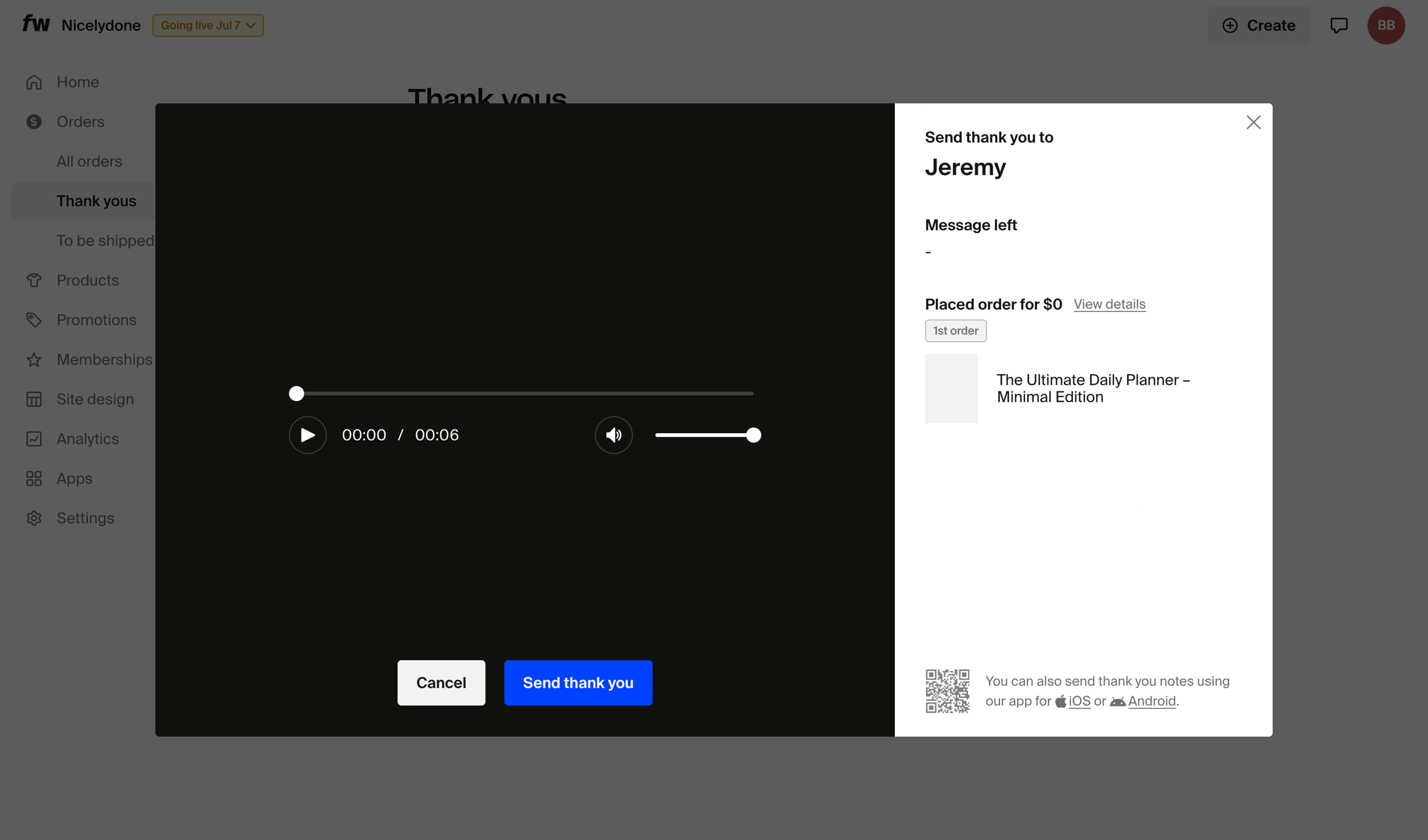 Fourthwall - Thank yous – Dashboard screen