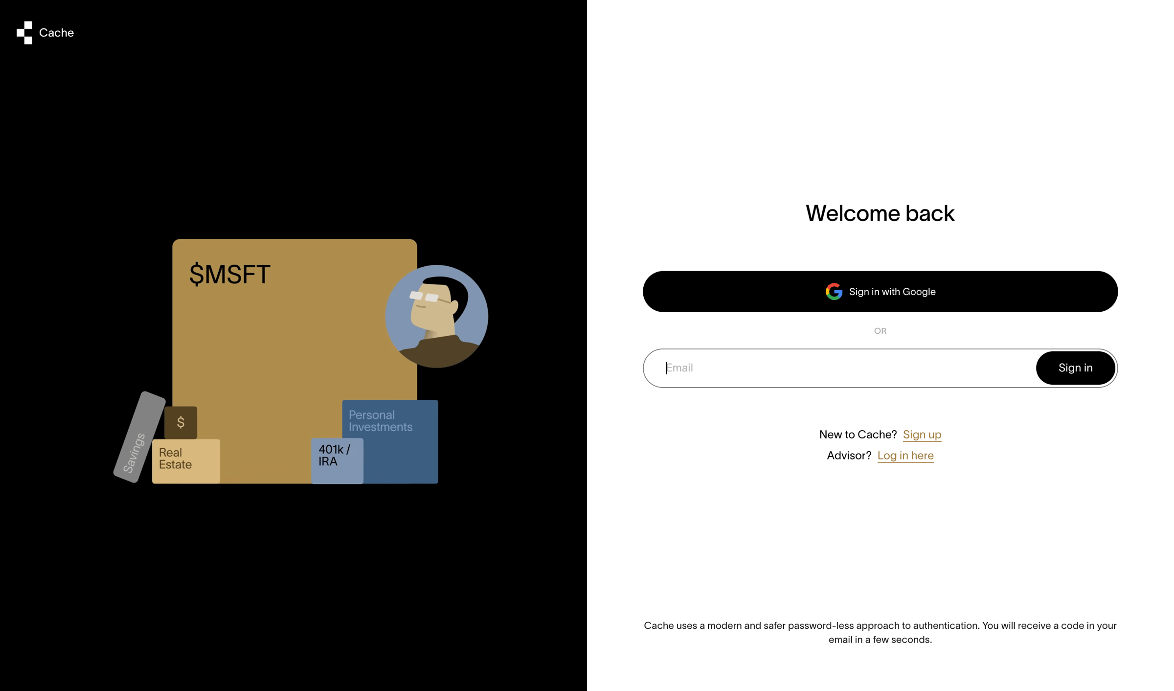 Cache - Cache – Log in screen