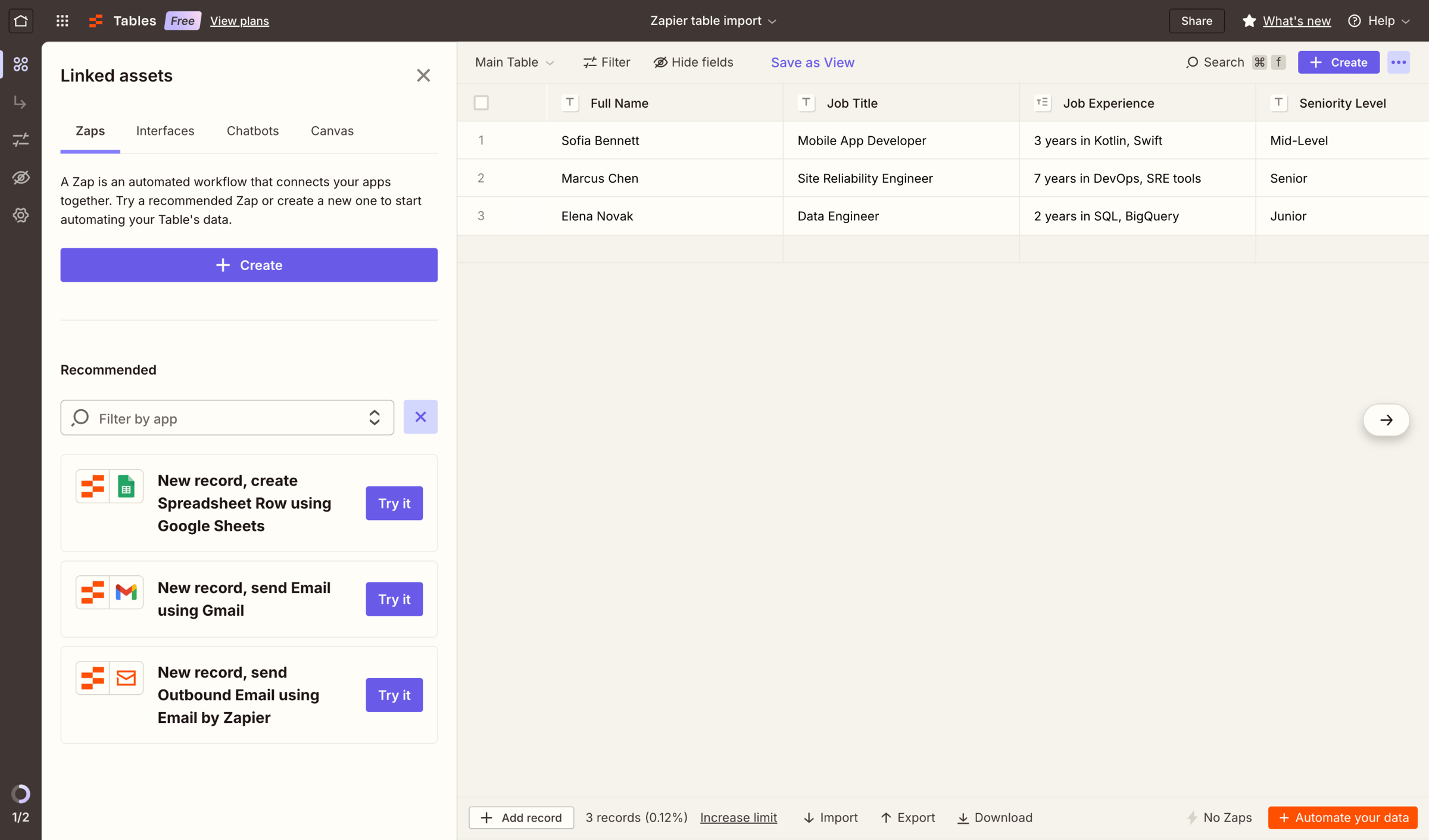 Zapier - Zapier table import | Zapier screen