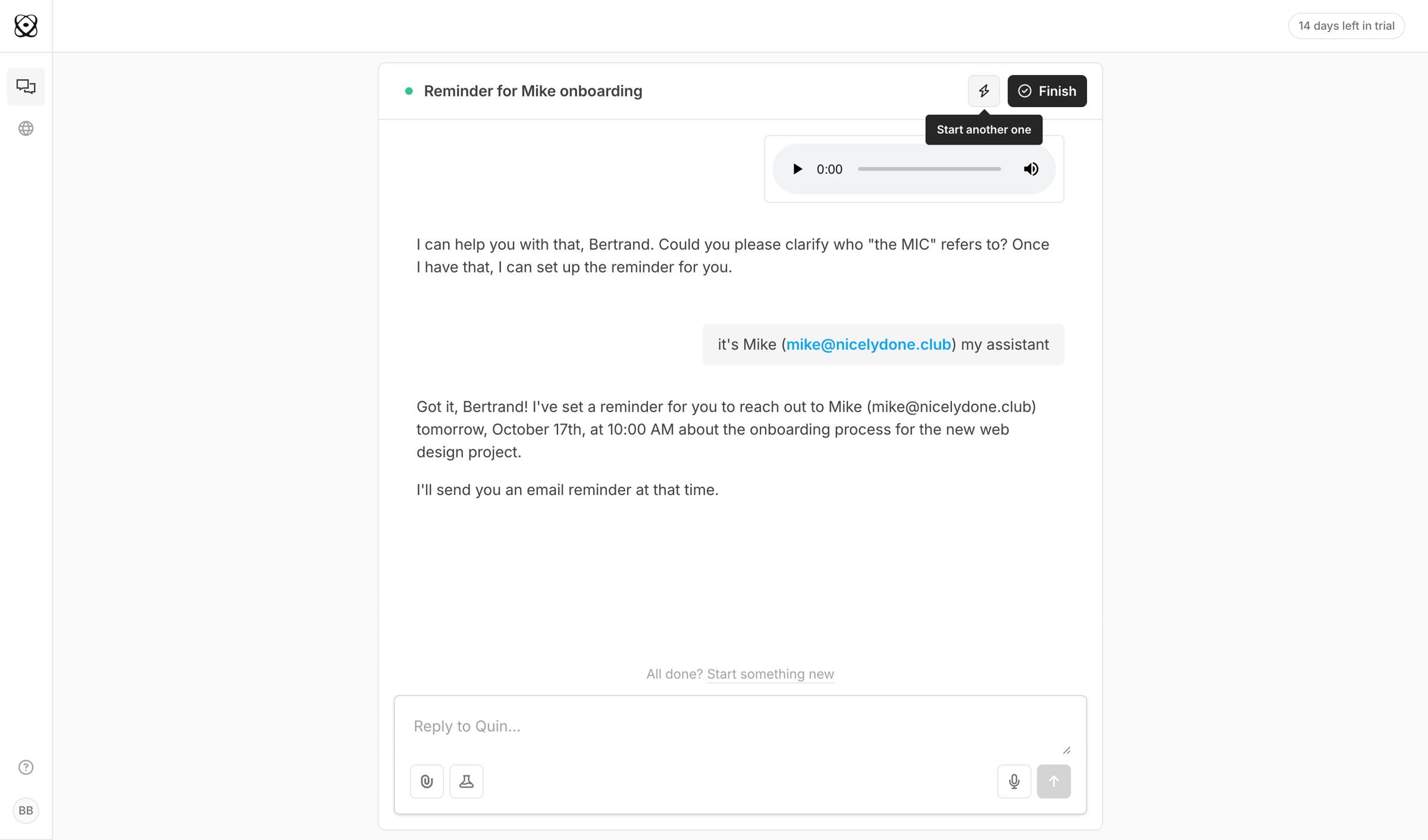 Quin - Reminder for Mike onboarding | Quin screen