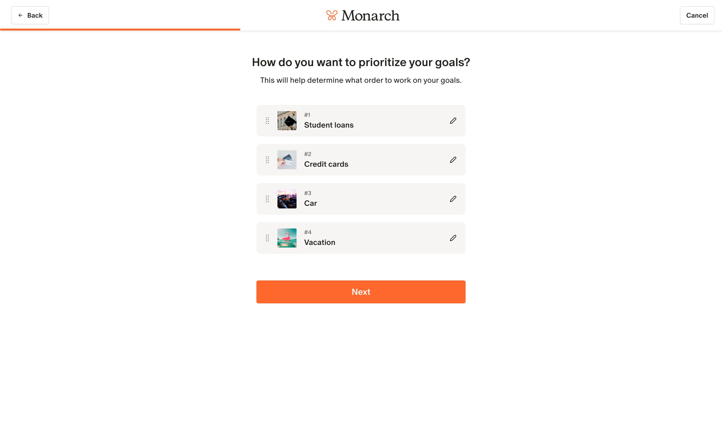 Monarch - Monarch | Goals setup screen