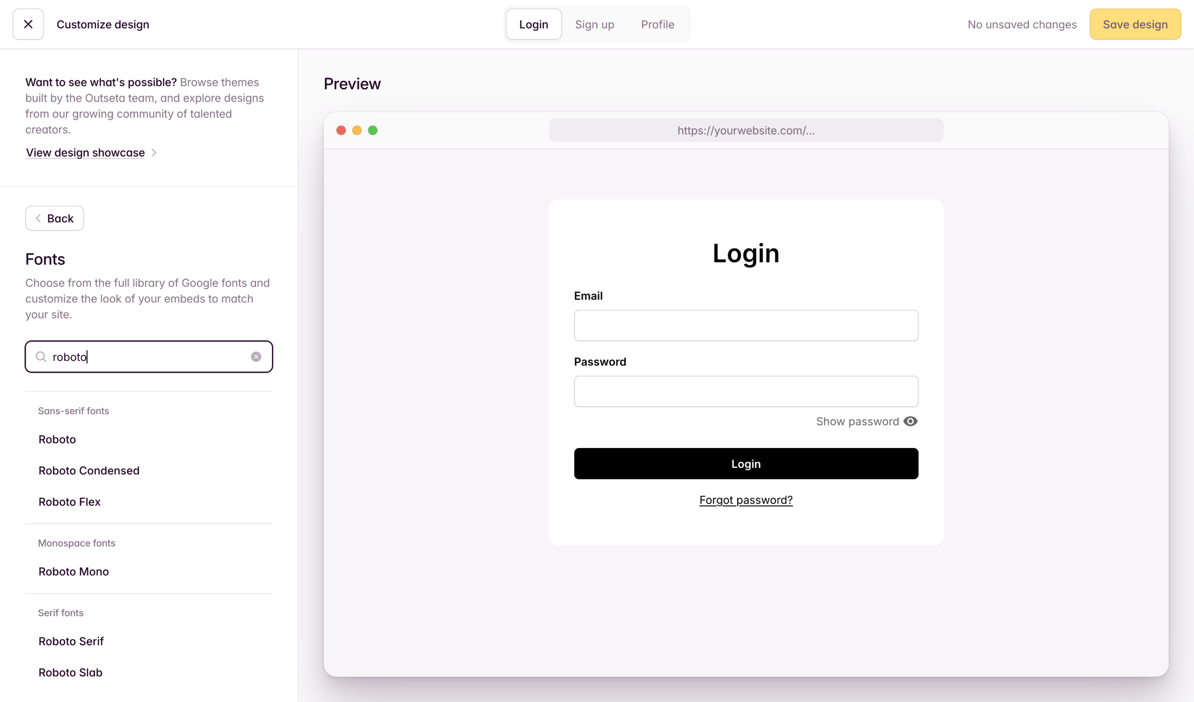 Outseta - Design screen