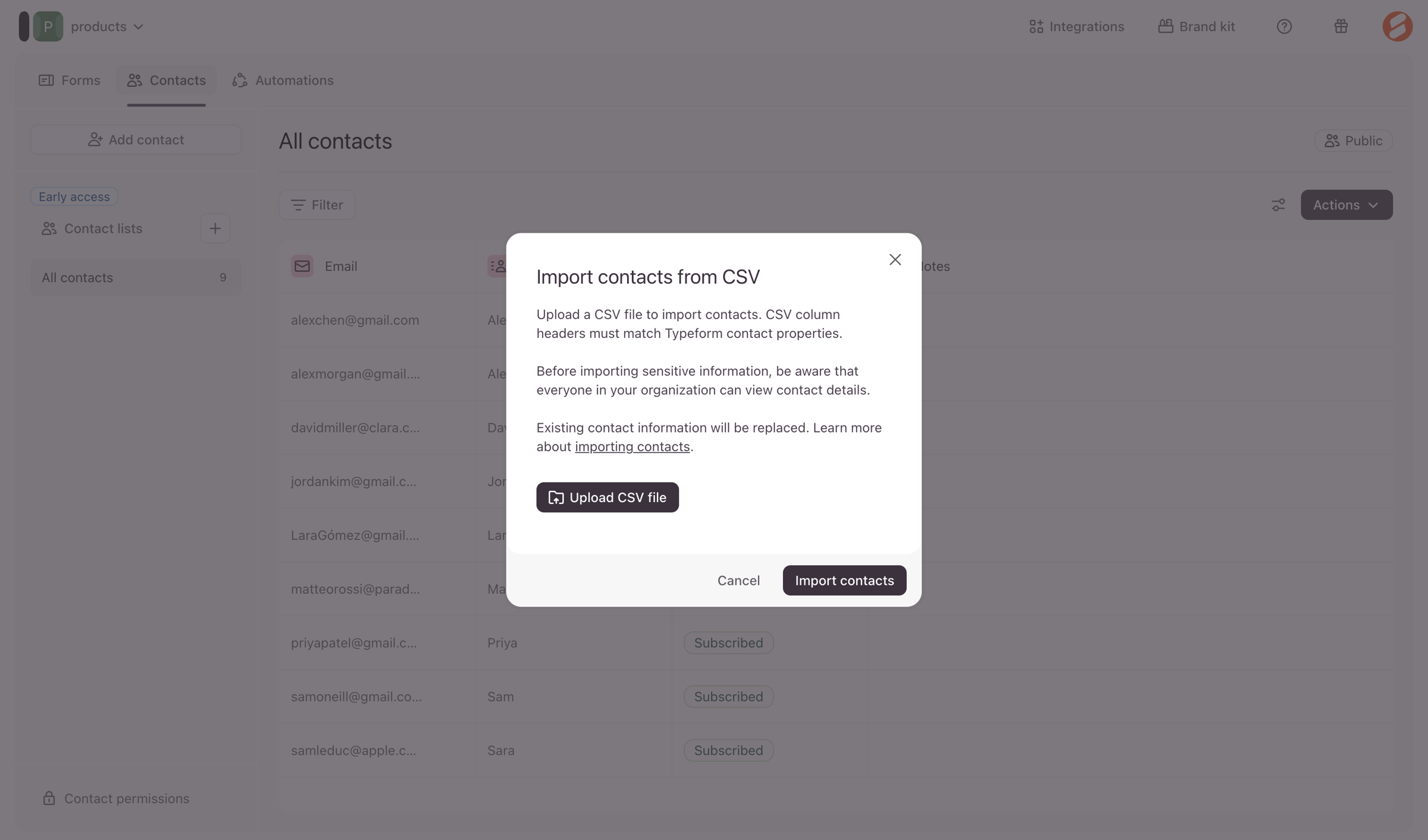 Typeform - Typeform - Contacts screen