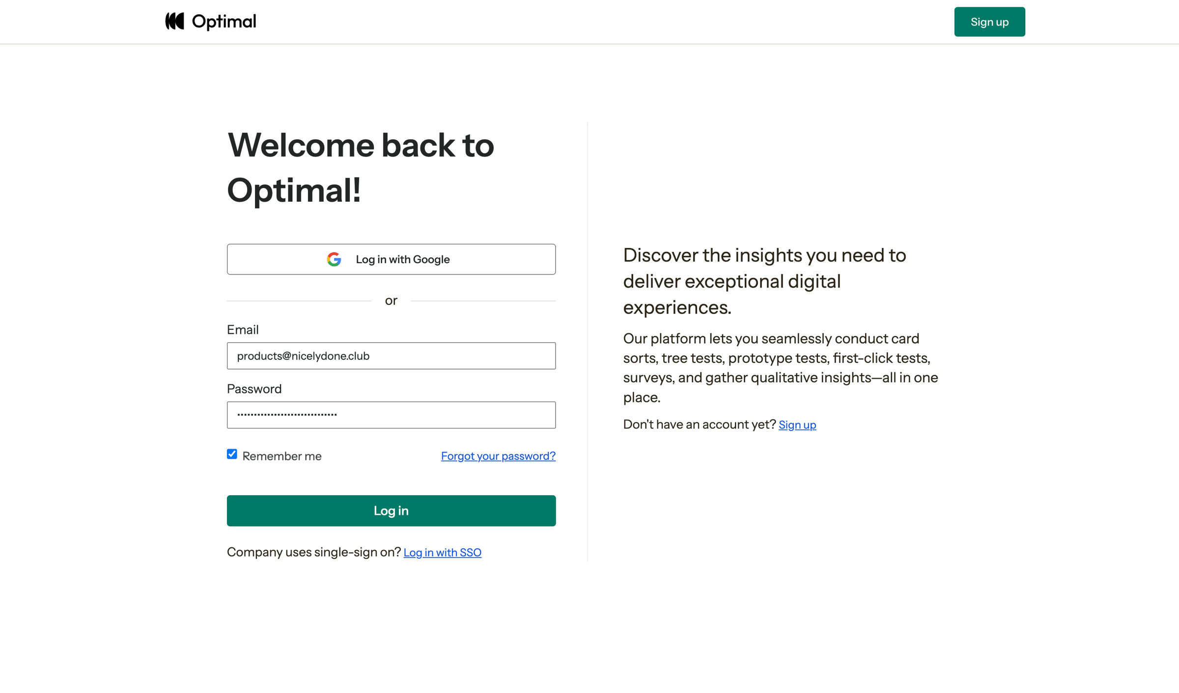 Optimal - Log In | Optimal Workshop screen