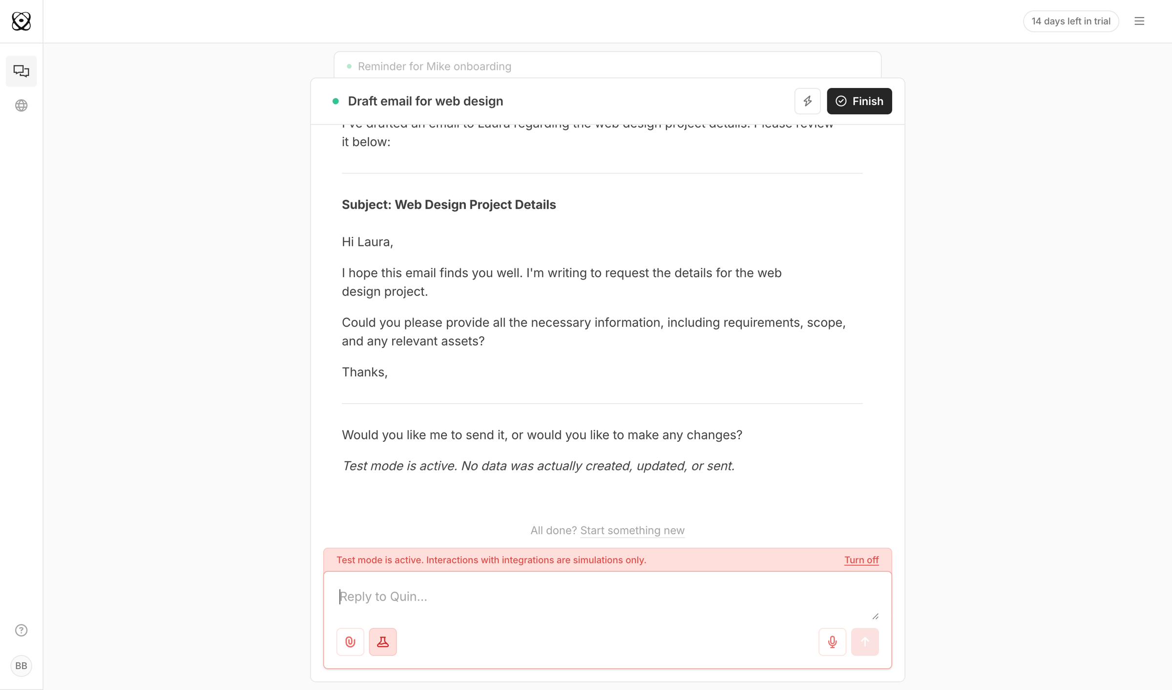 Quin - Draft email for web design | Quin screen