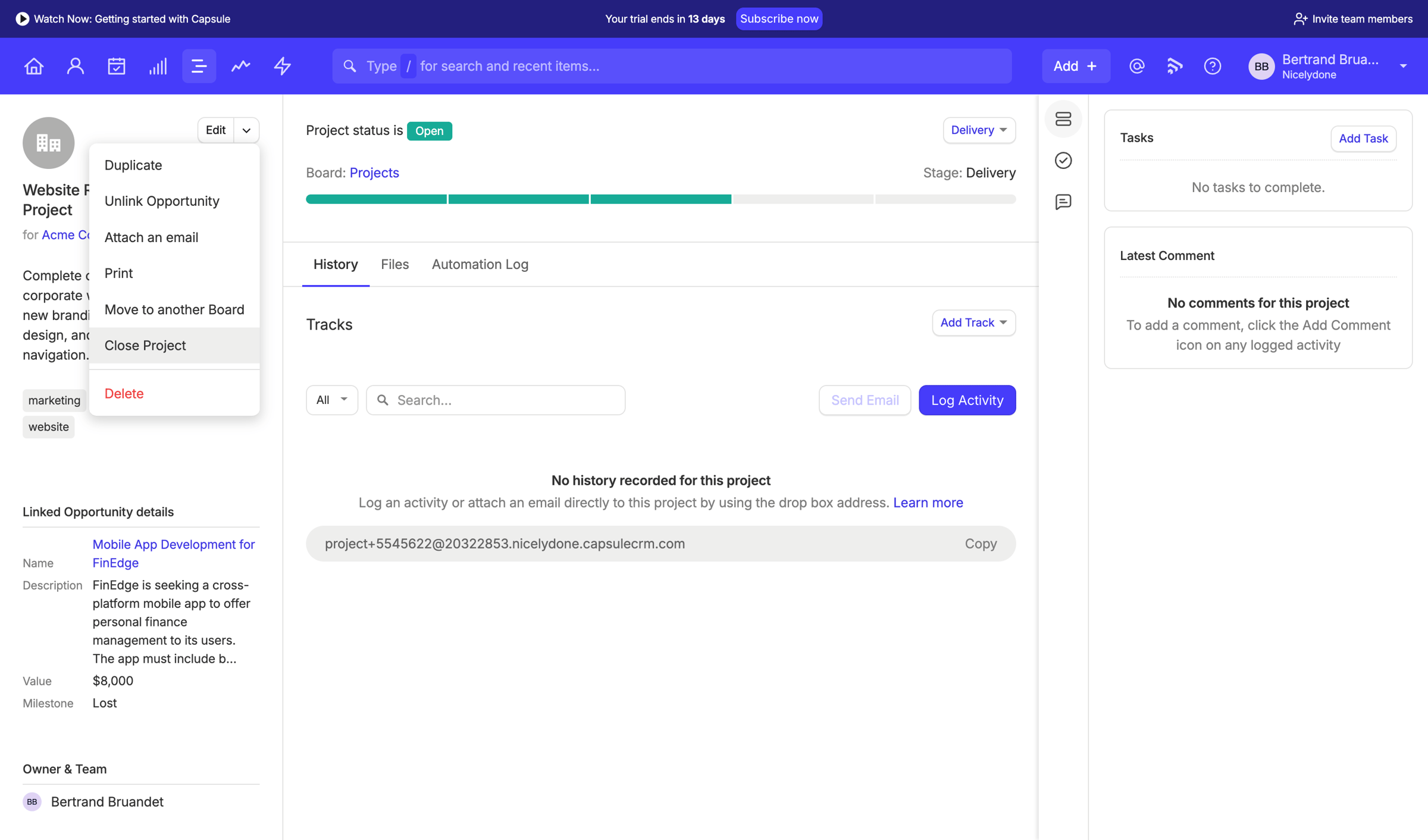Capsule - Website Redesign Project | Nicelydone CRM screen