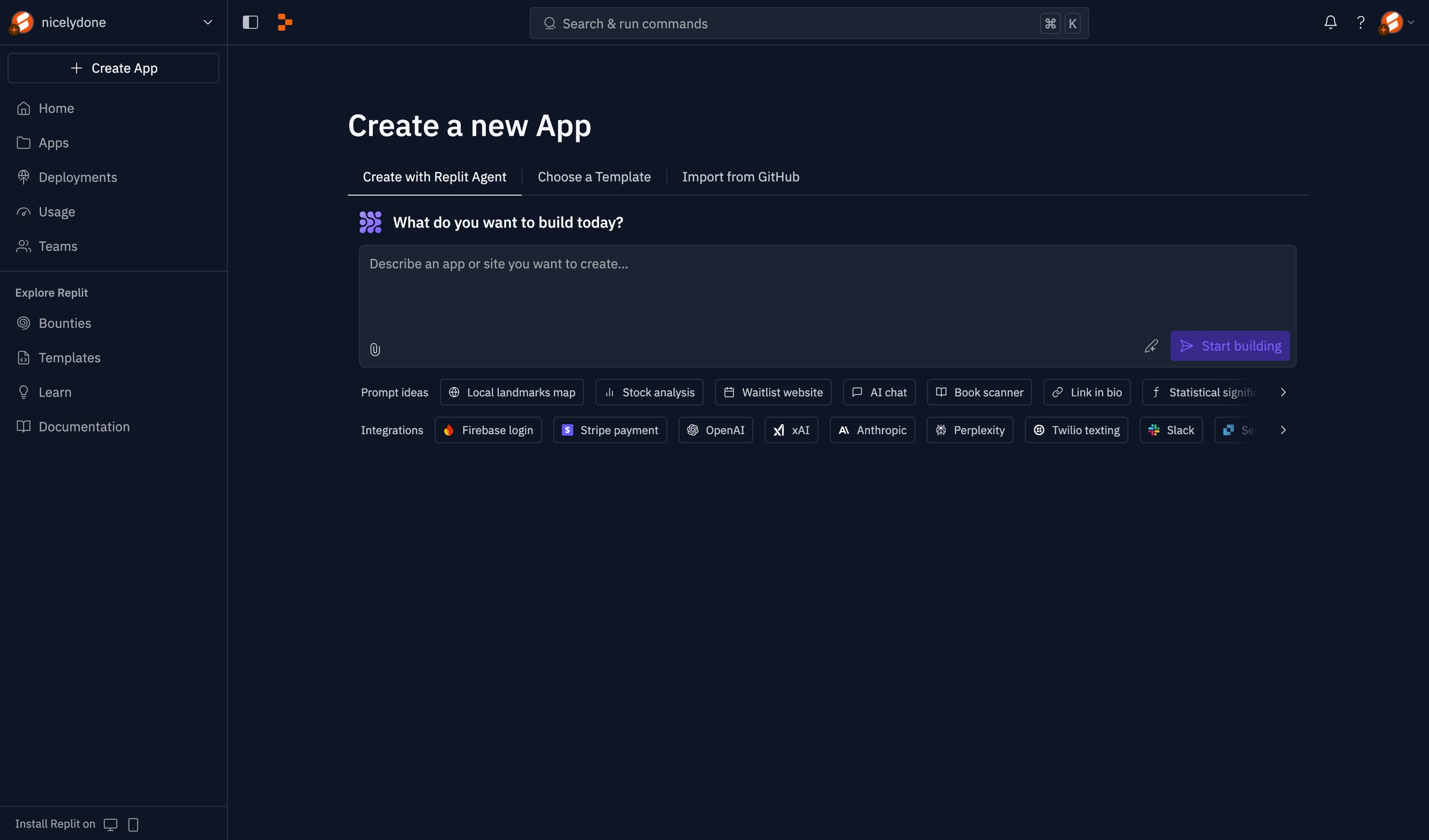 Replit - Create a new App - Replit screen