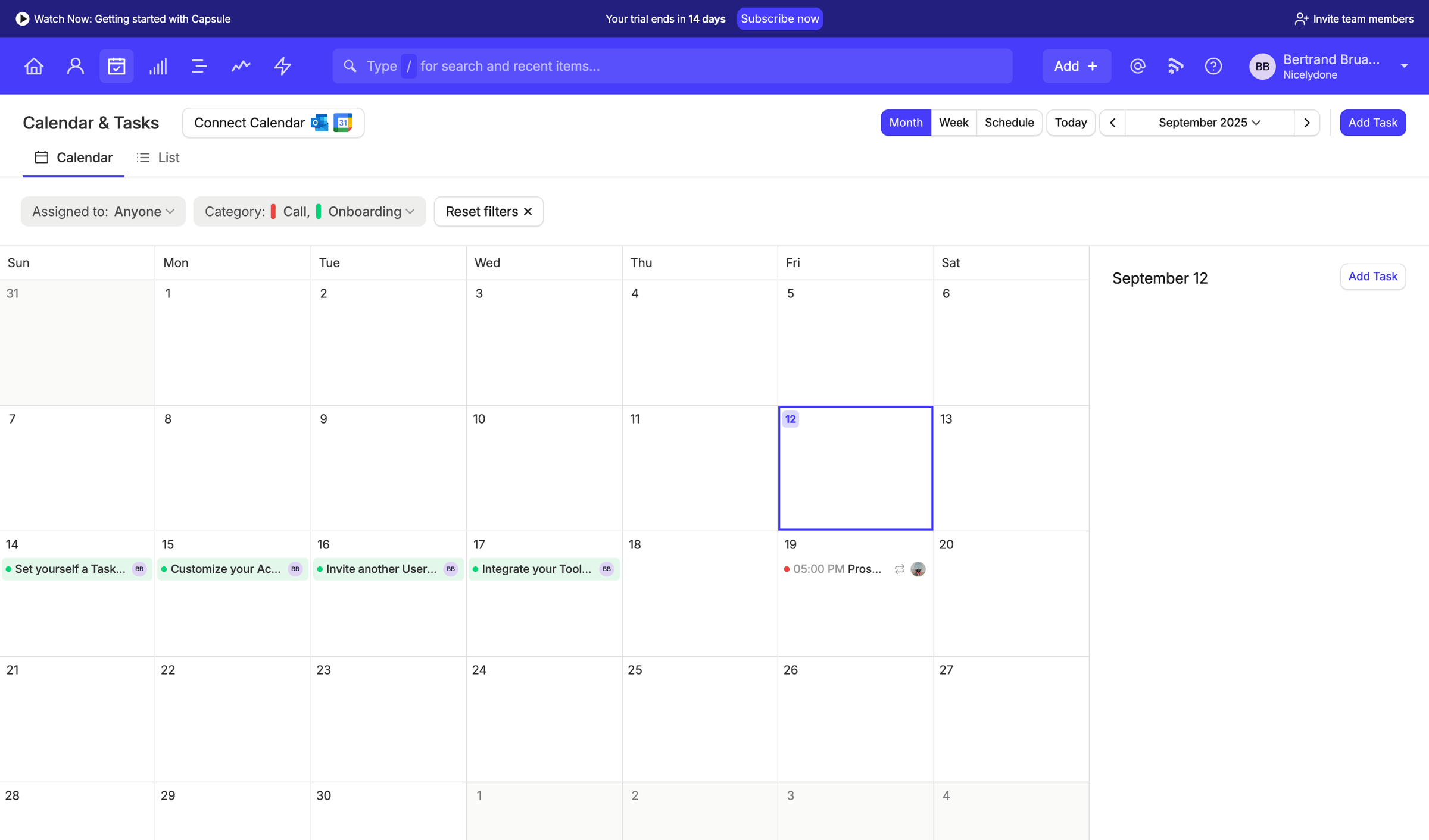 Capsule - Calendar | Nicelydone CRM screen