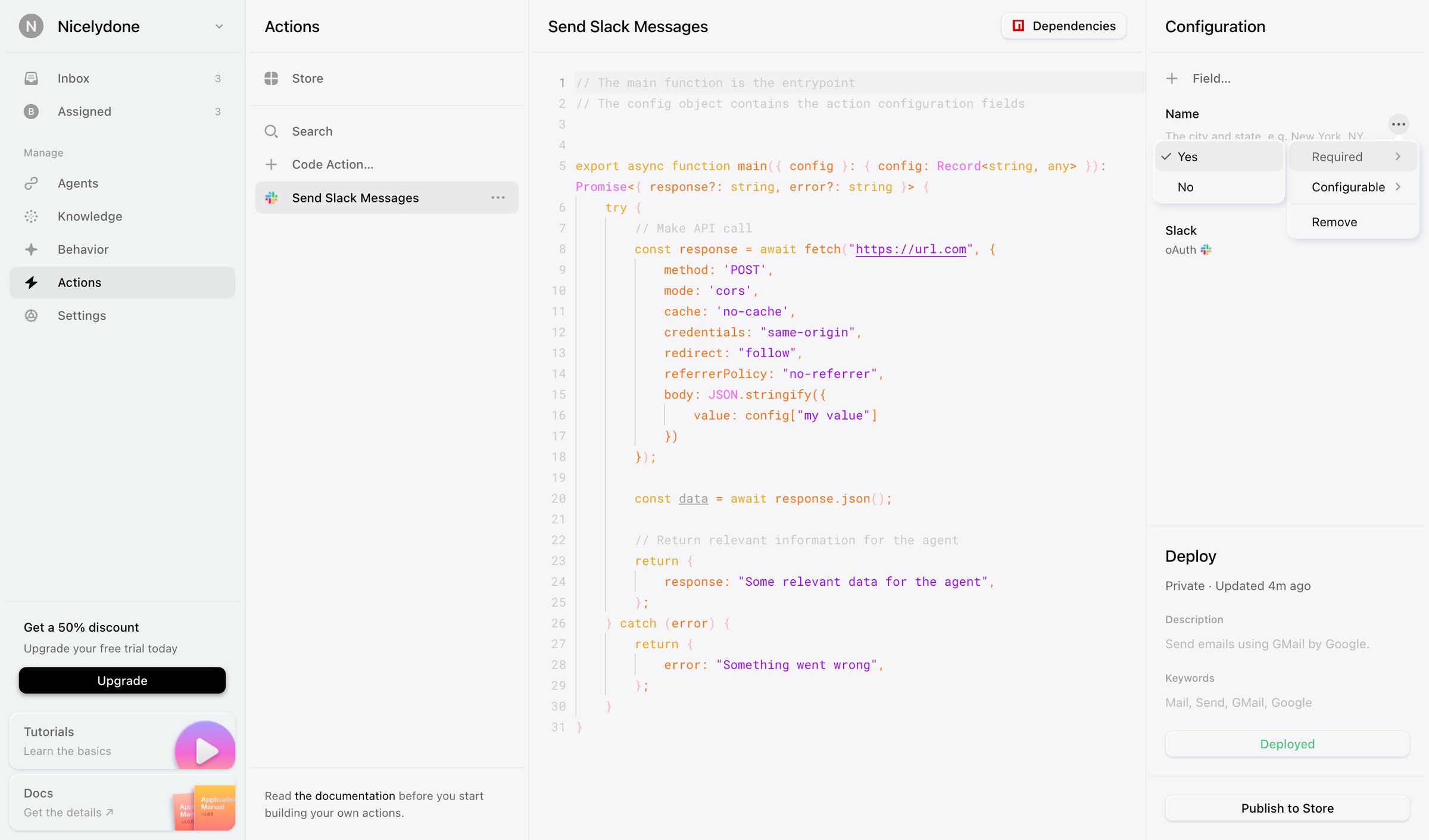 Lemni - Actions › Send Slack Messages screen