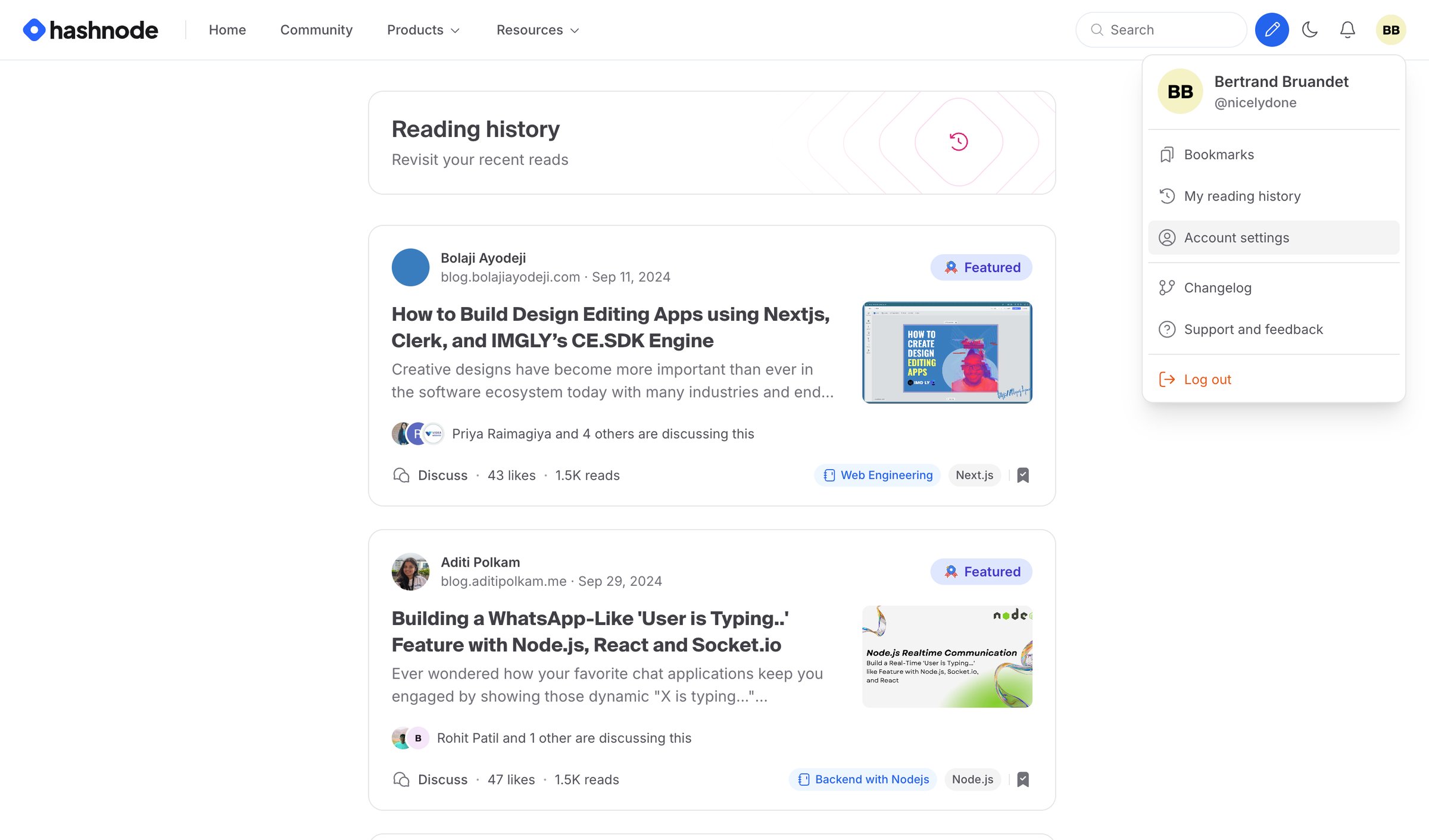 Hashnode - Reading History - Hashnode screen