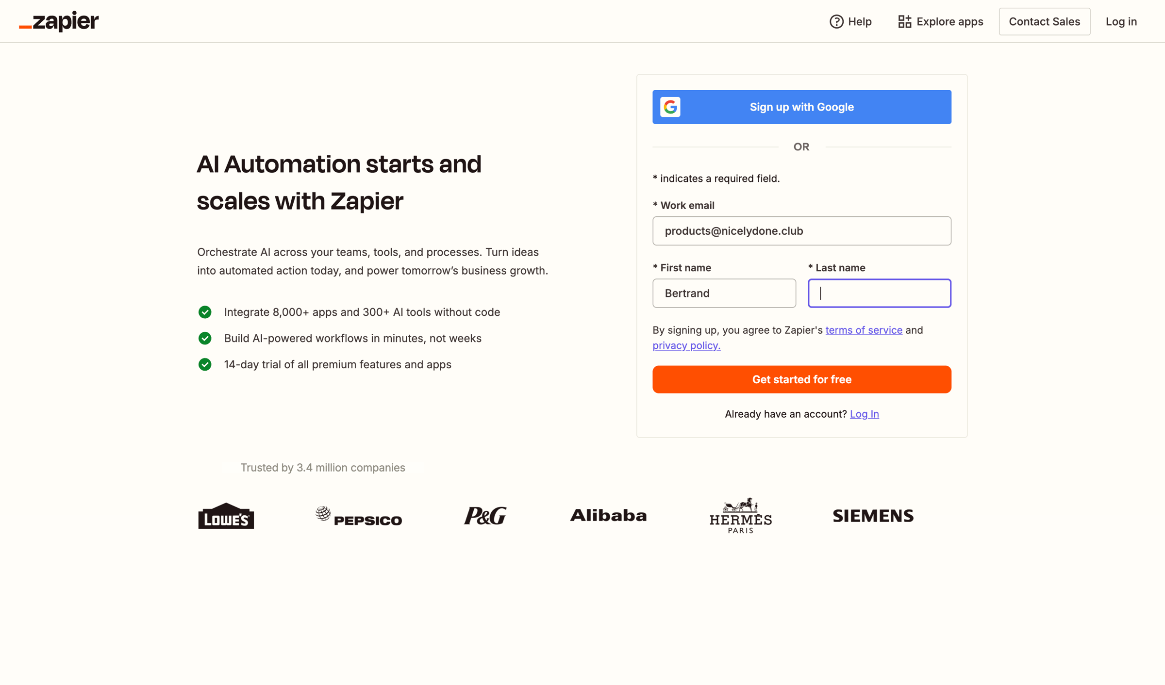 Zapier - Sign up | Zapier screen