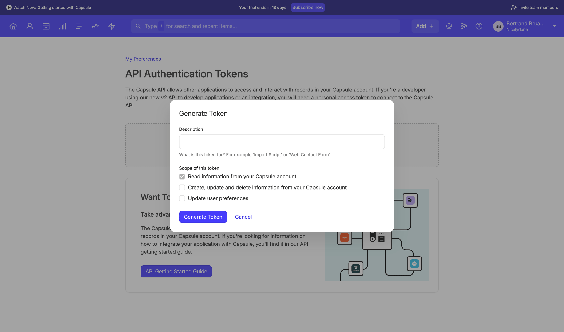 Capsule - API Authentication Tokens | Nicelydone CRM screen