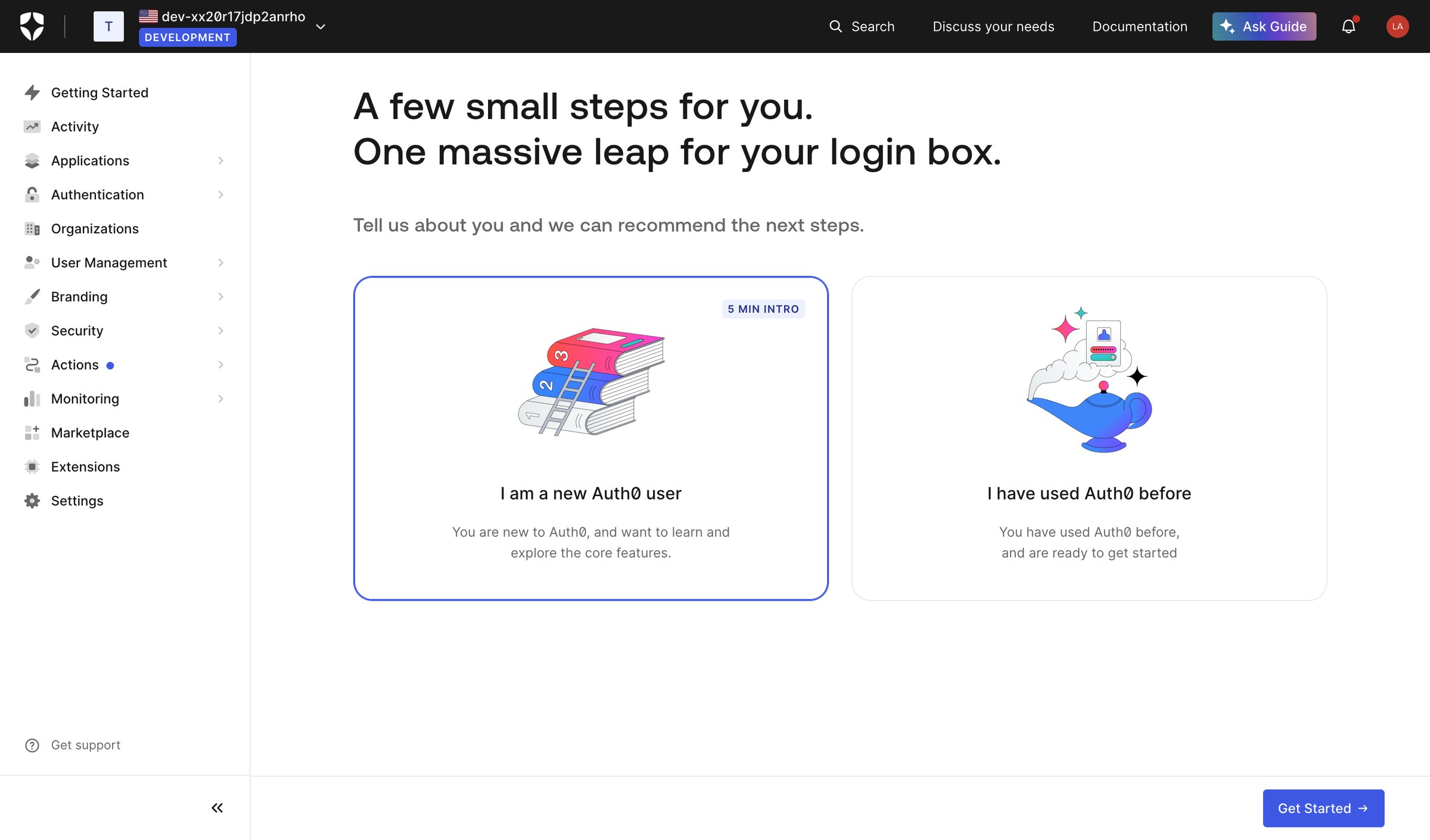 Auth0 - Onboarding Guide screen