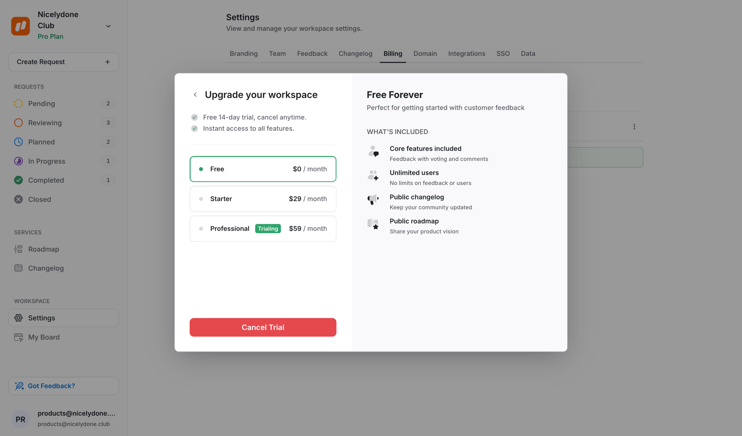 UserJot - Billing Settings | UserJot screen