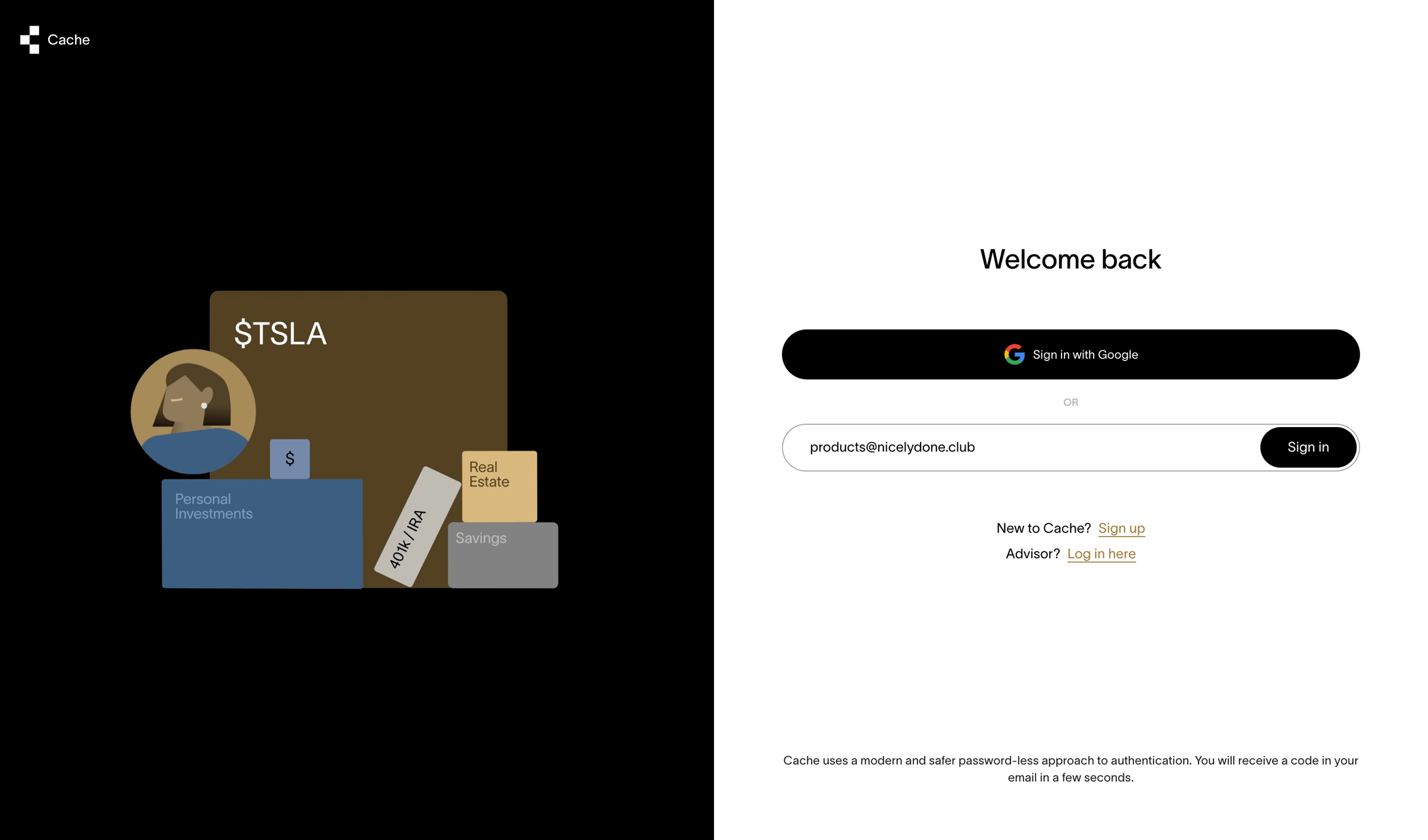 Cache - Cache – Log in screen