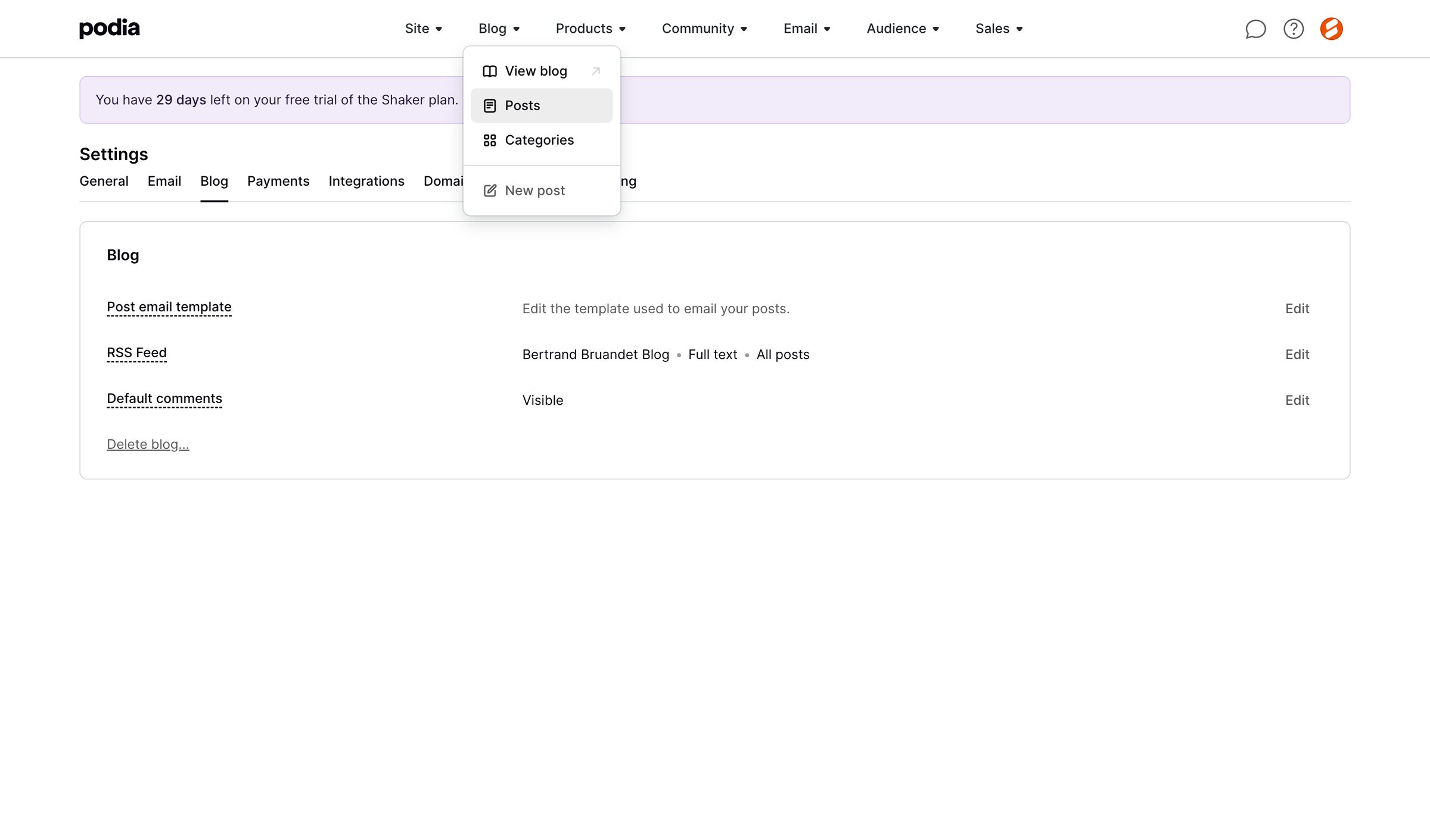 Podia - Podia Blog settings screen