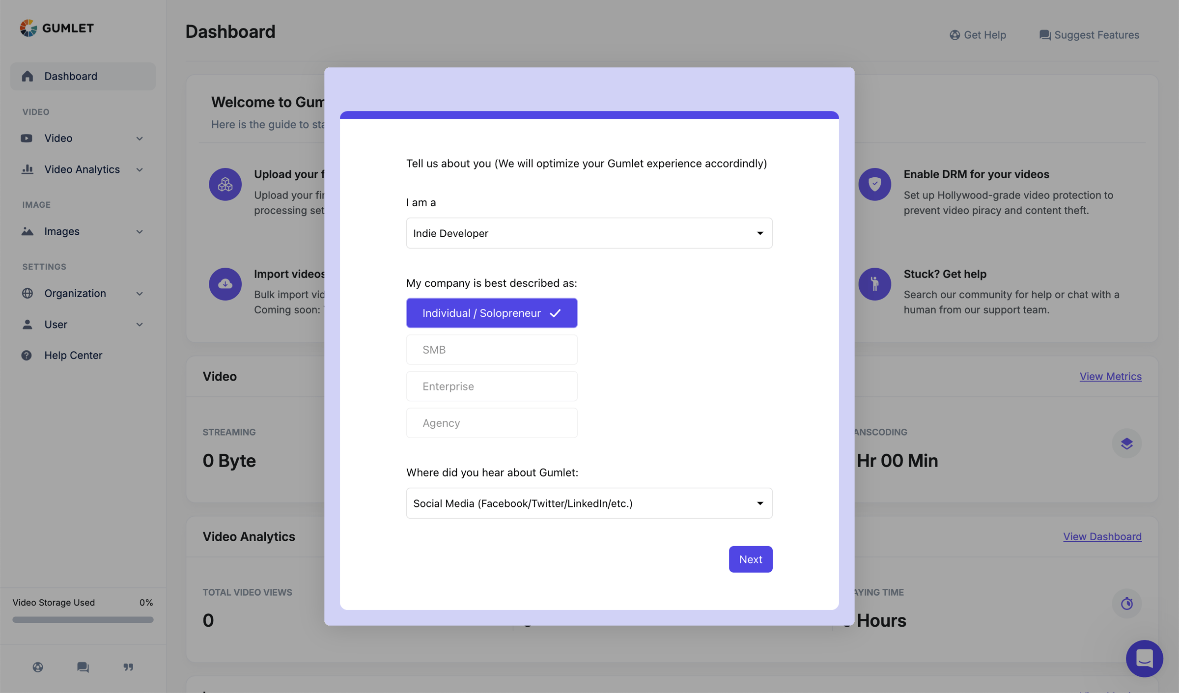 Gumlet - Dashboard - Gumlet screen