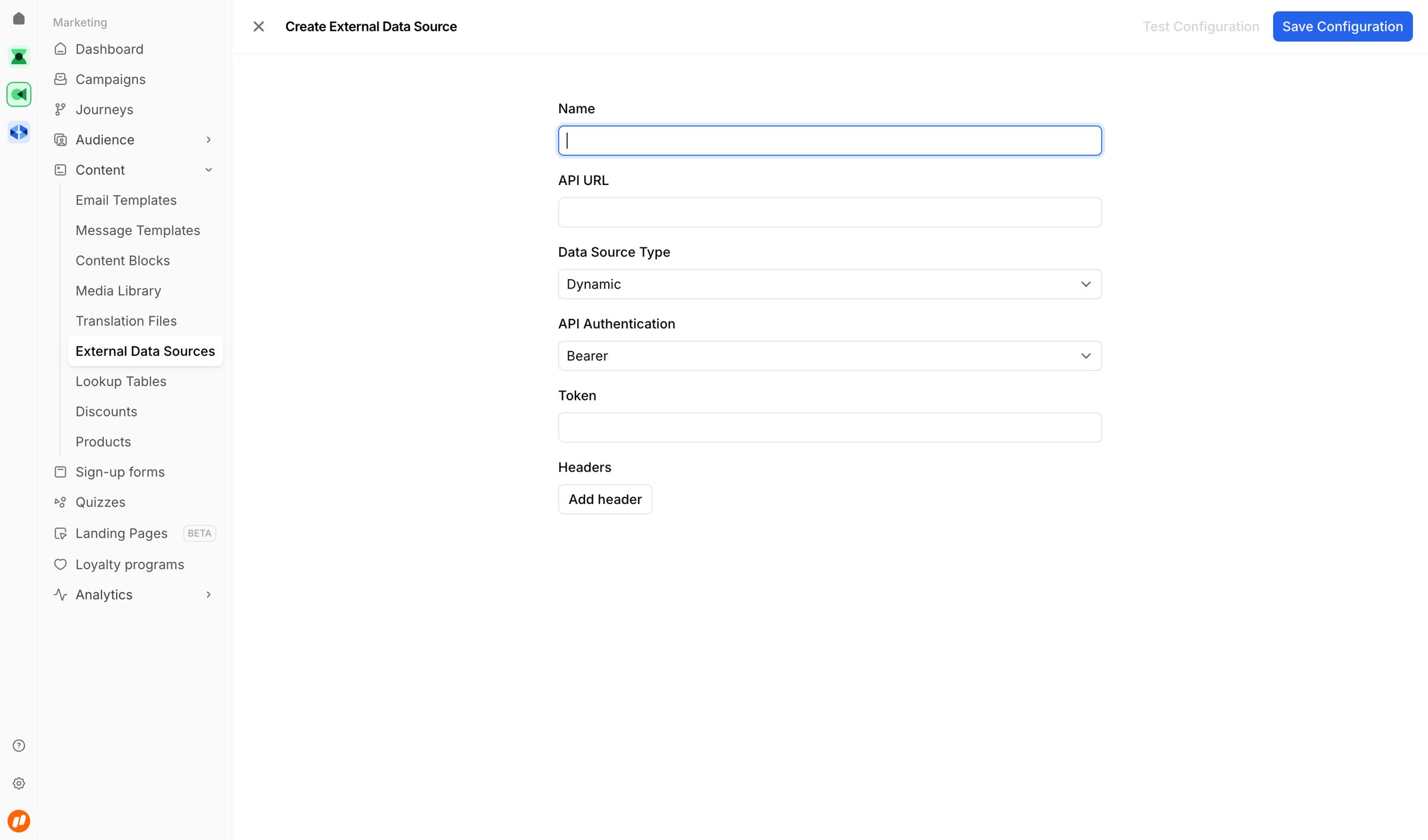 Bird - Create External Data Source | Bird screen
