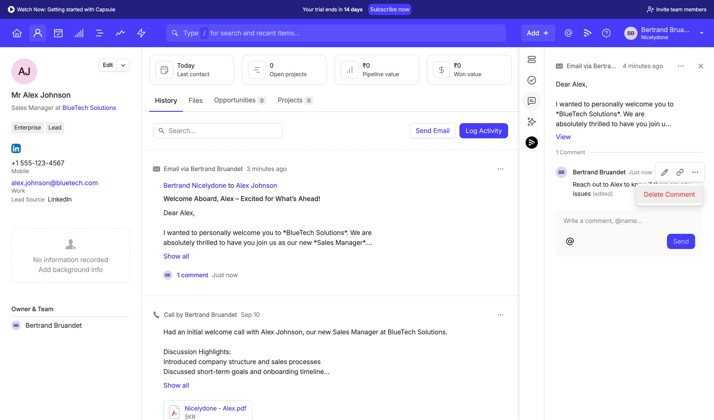 Capsule - Alex Johnson | Nicelydone CRM screen