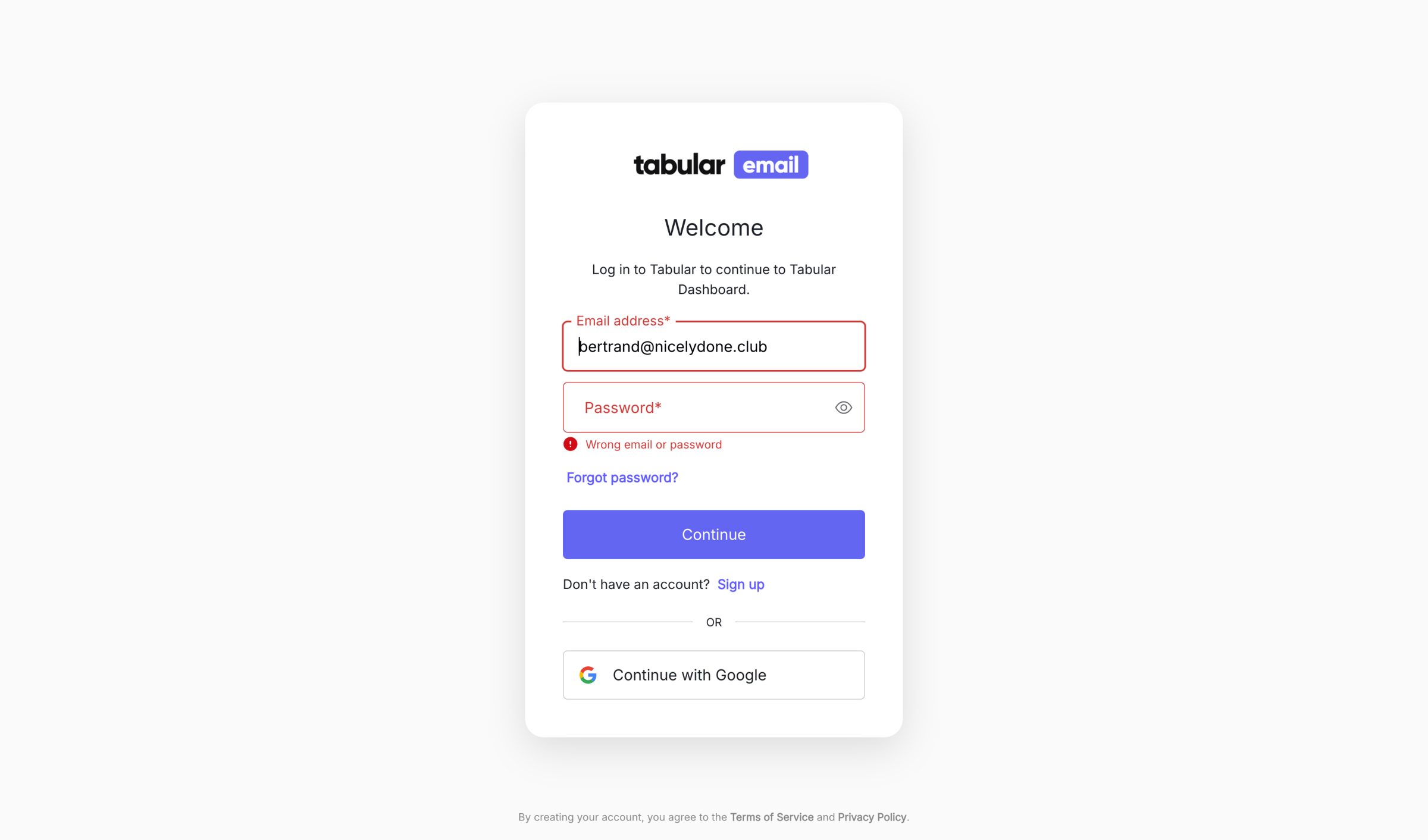 Tabular - Log in | Tabular Dashboard screen
