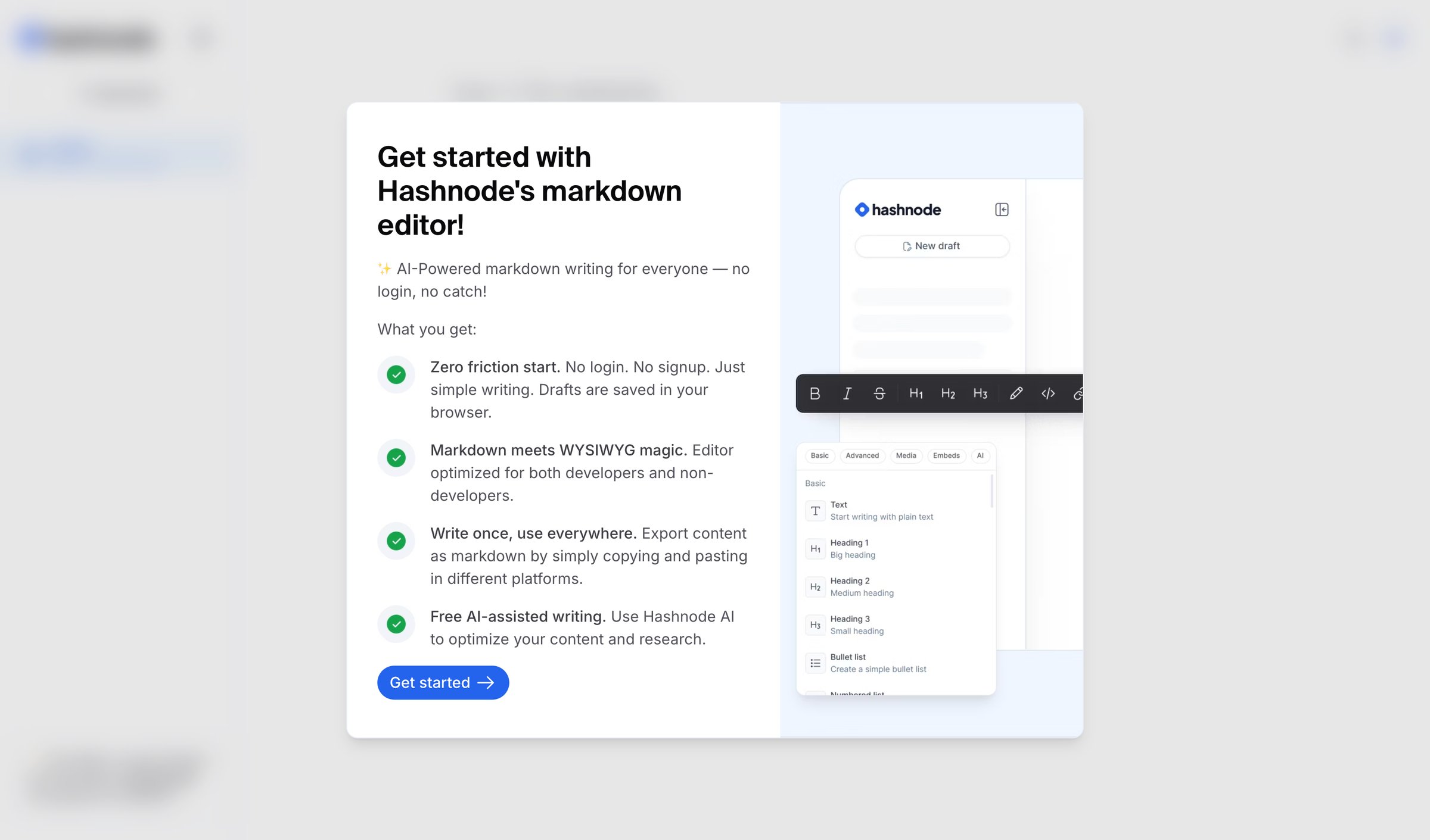 Hashnode - Free AI-powered Markdown WYSIWYG editor — Hashnode screen