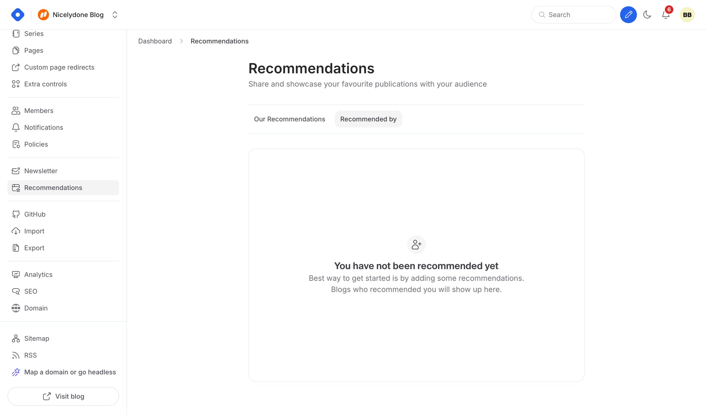 Hashnode - Dashboard - Recommendations screen