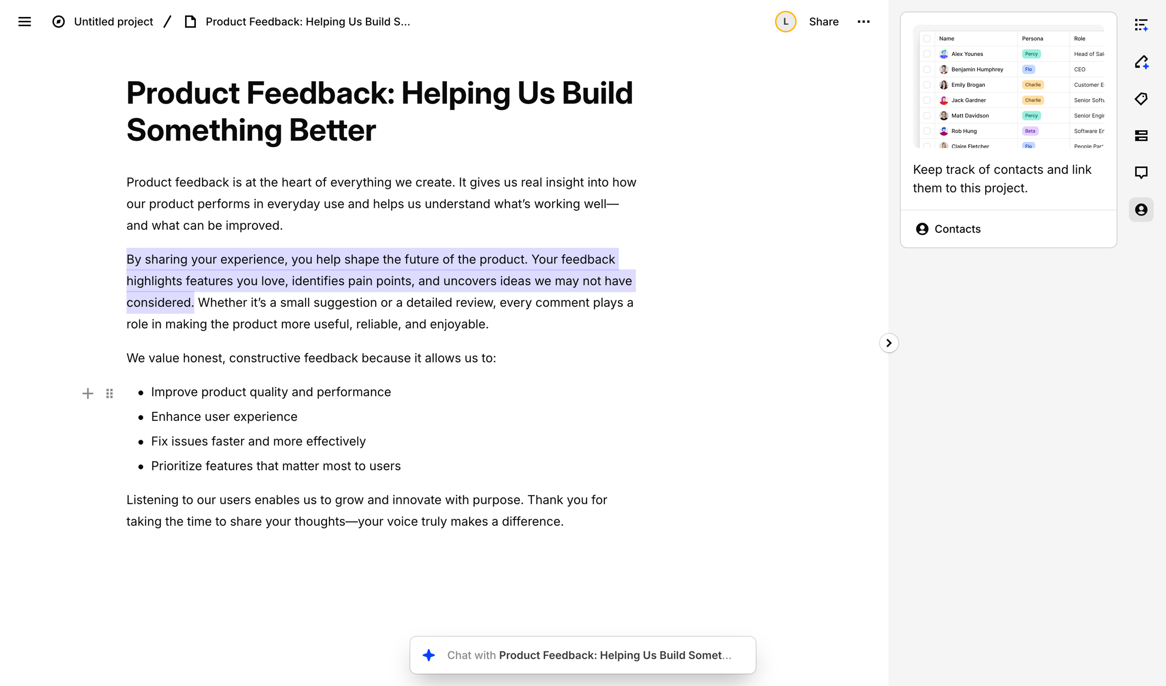 Dovetail - Product Feedback: Helping Us Build Something Better – Dovetail screen