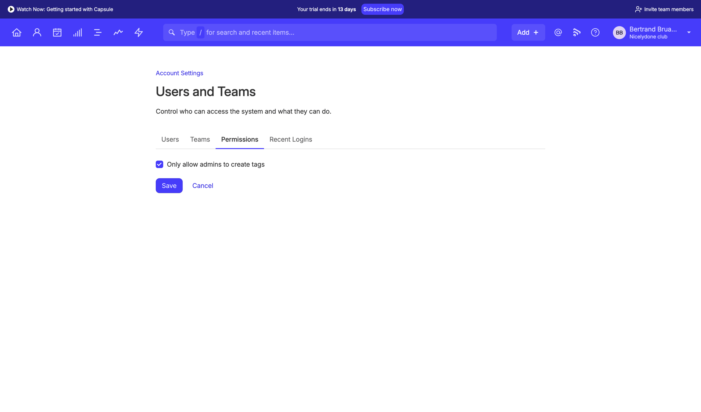 Capsule - Permissions | Nicelydone club CRM screen