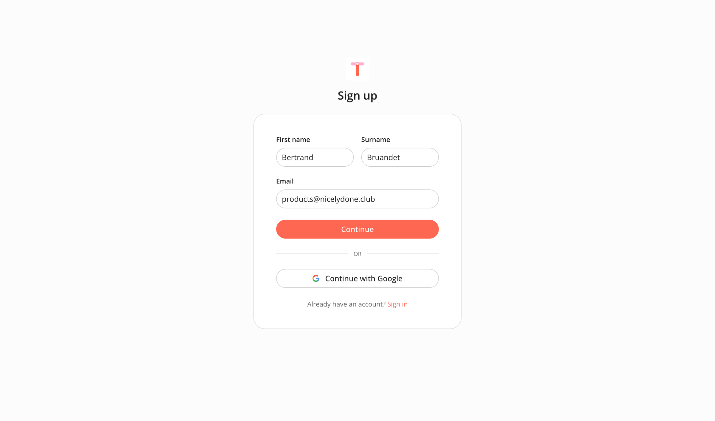 Sign up from Twin