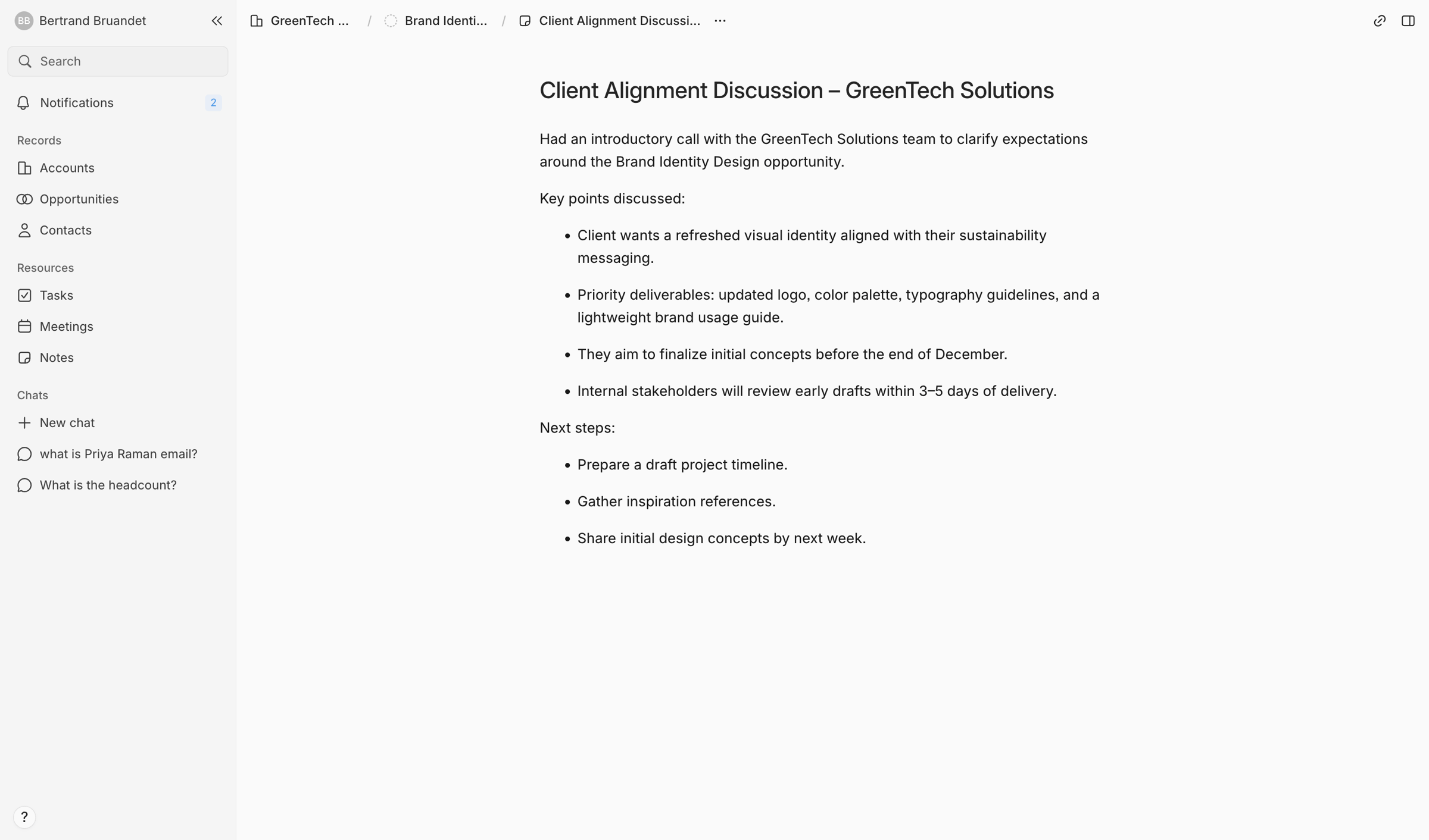 Lightfield - Note: Client Alignment Discussion – GreenTech Solutions screen